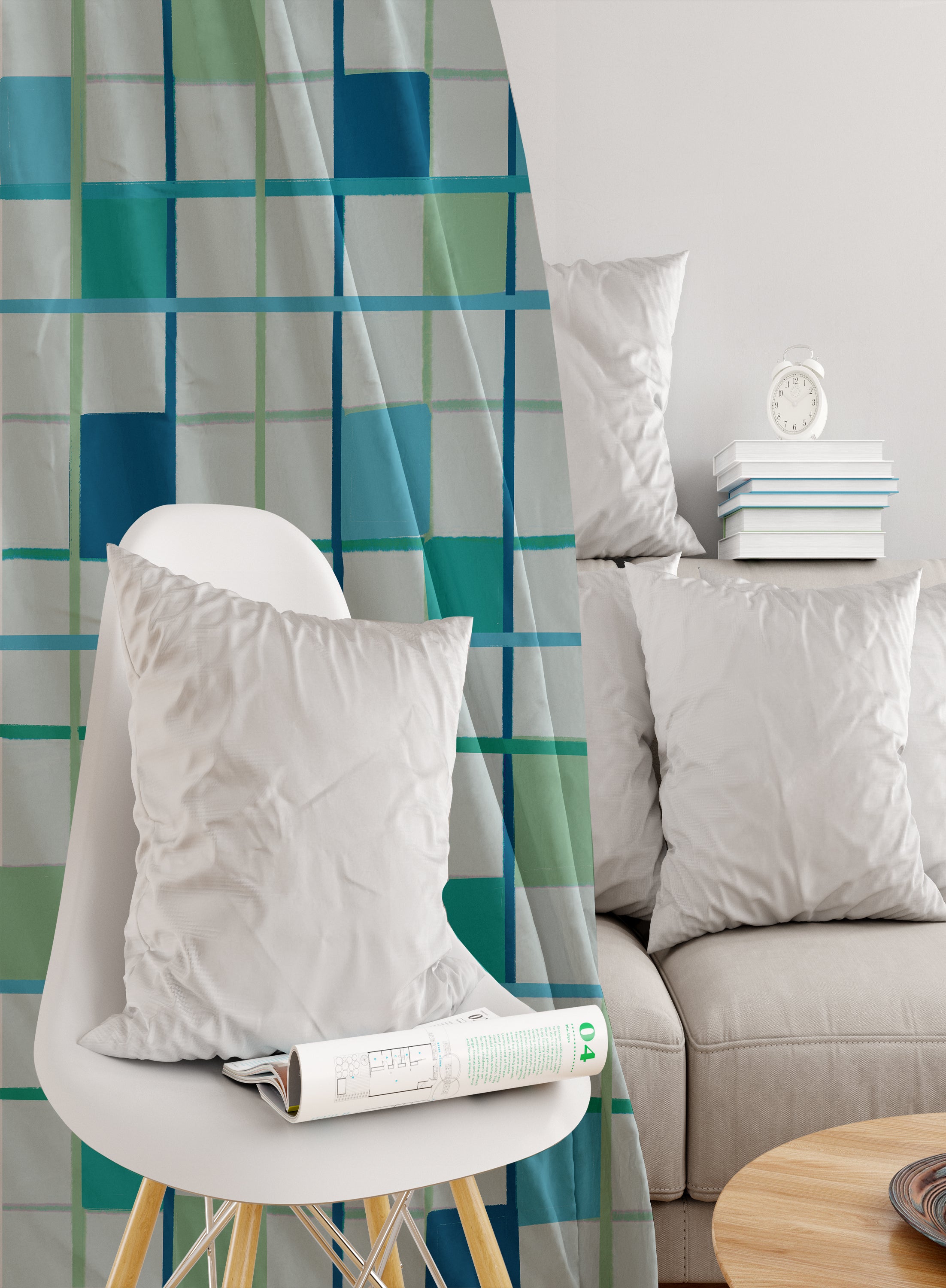 Checkered Darkening Blackout Curtains - Set of 2, Pastel Blue, Polyester