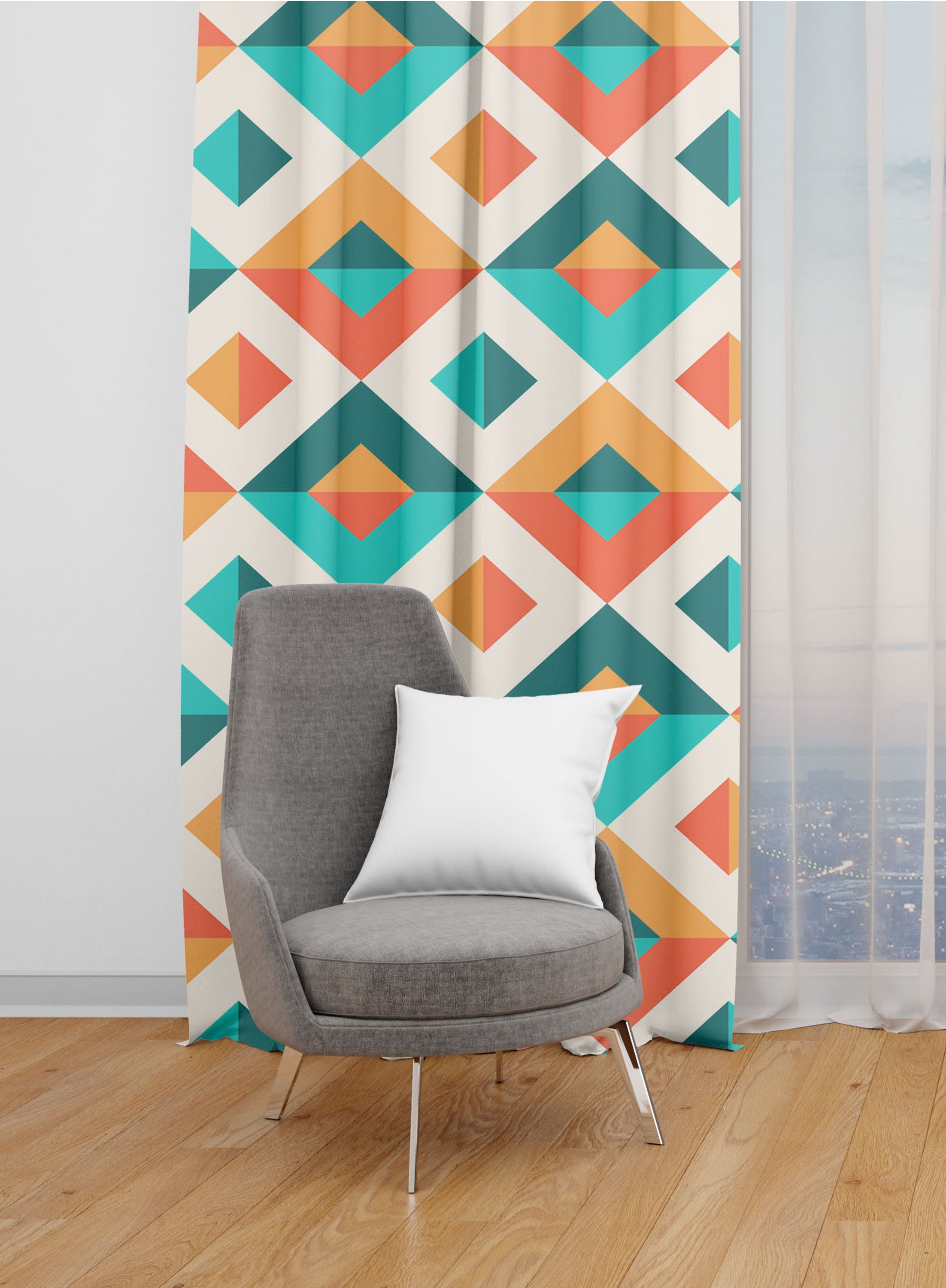 White and Orange Geometric Room Darkening Blackout Curtains - 1 Panel, Polyester