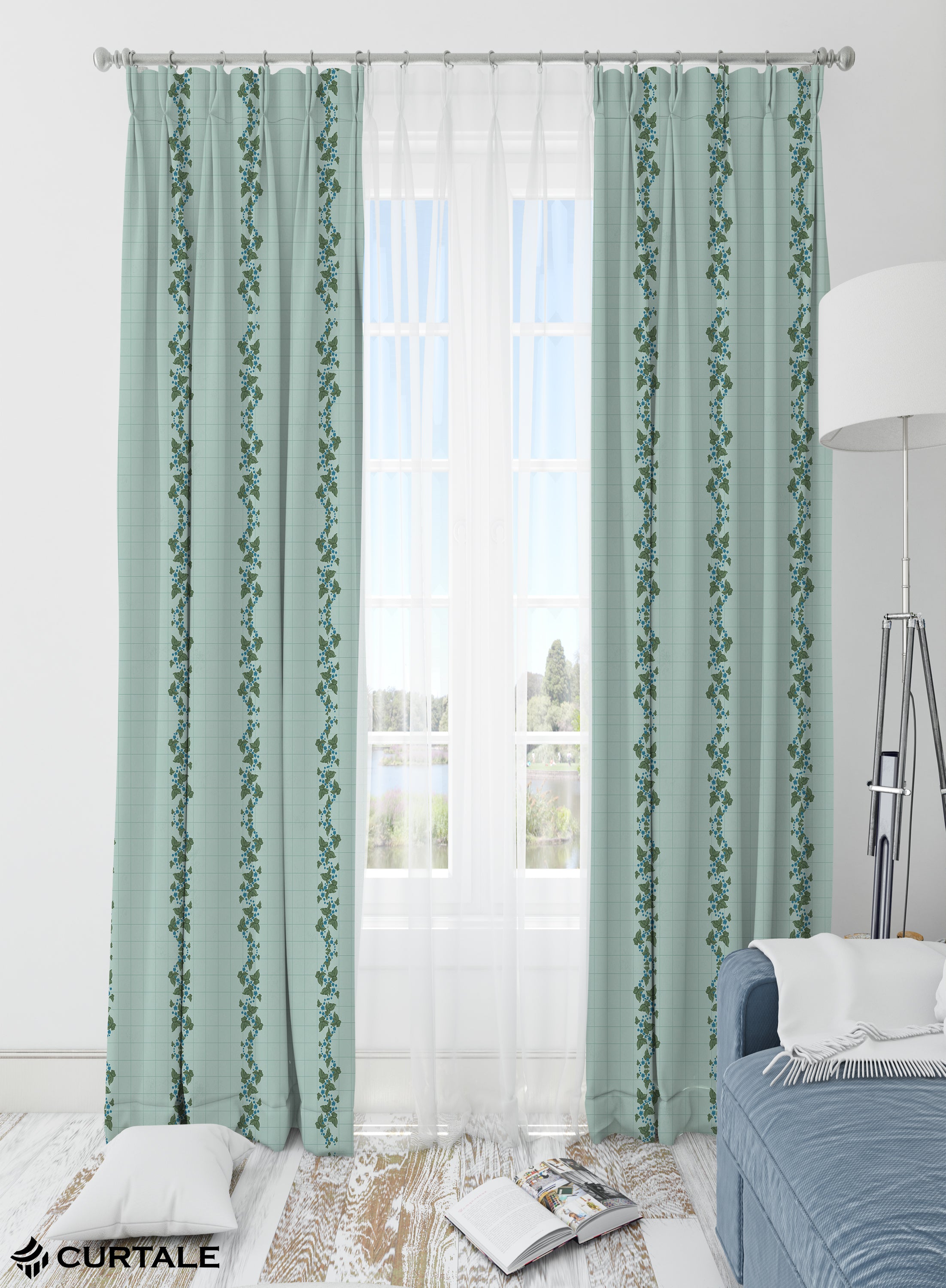 Floral Vineyard Darkening Blackout Curtains - Set of 2, Greenish Blue, Polyester