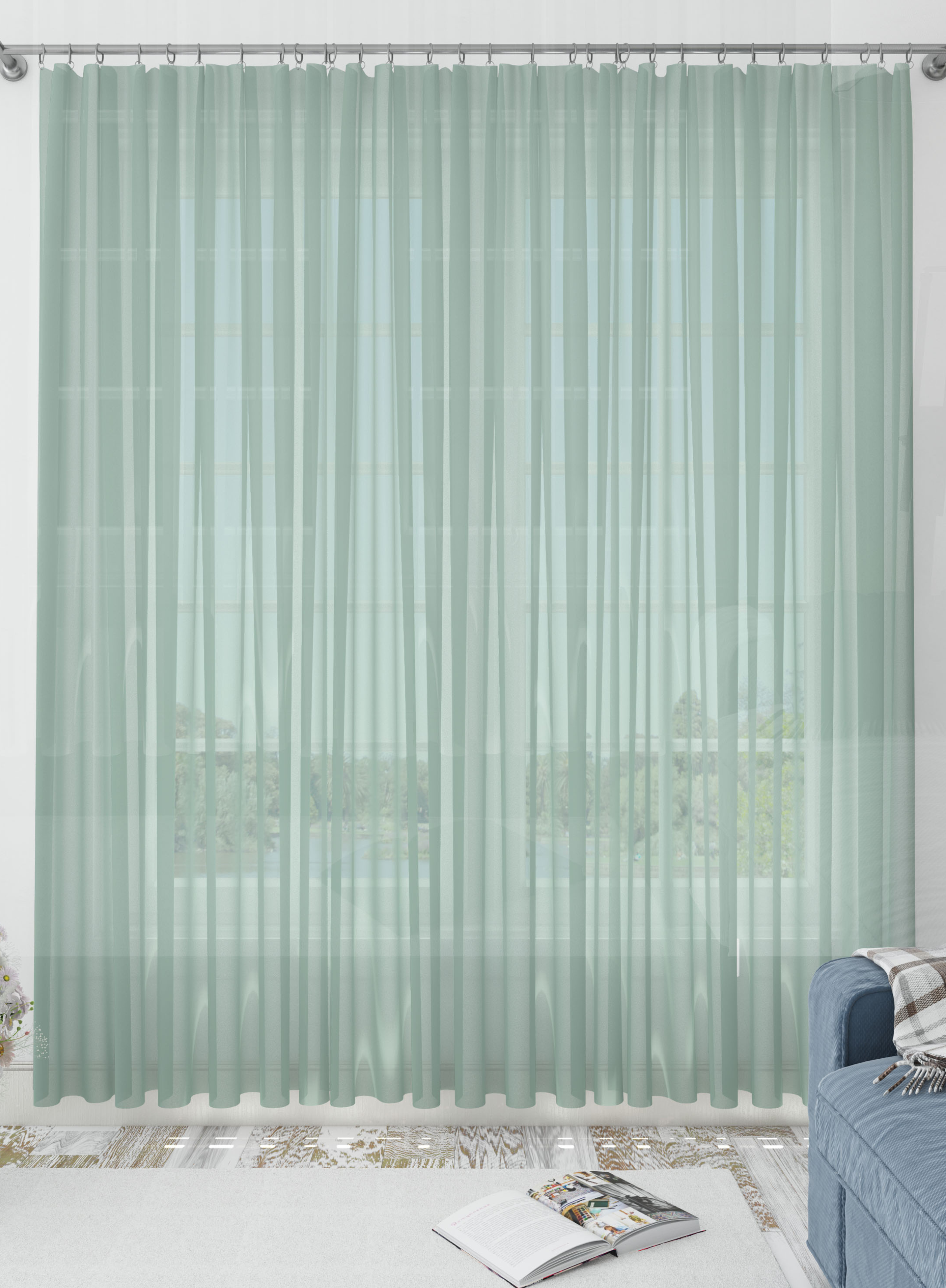 Green Solid Sheer Curtains- Set of 2, Sheer