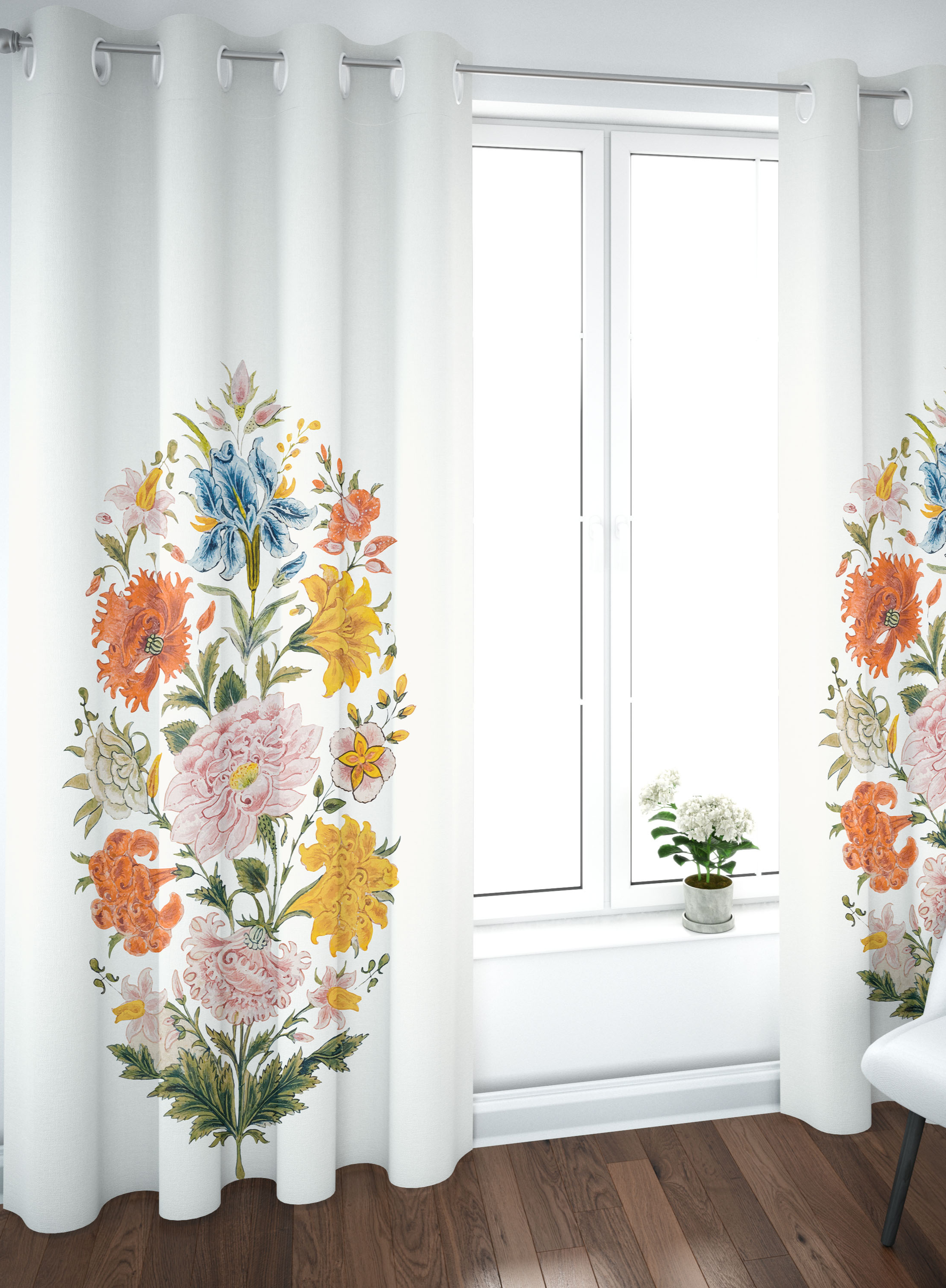 WHITE MOTIF FLORAL CURTAINS- SET OF 2, TEXTURED JACQUARD