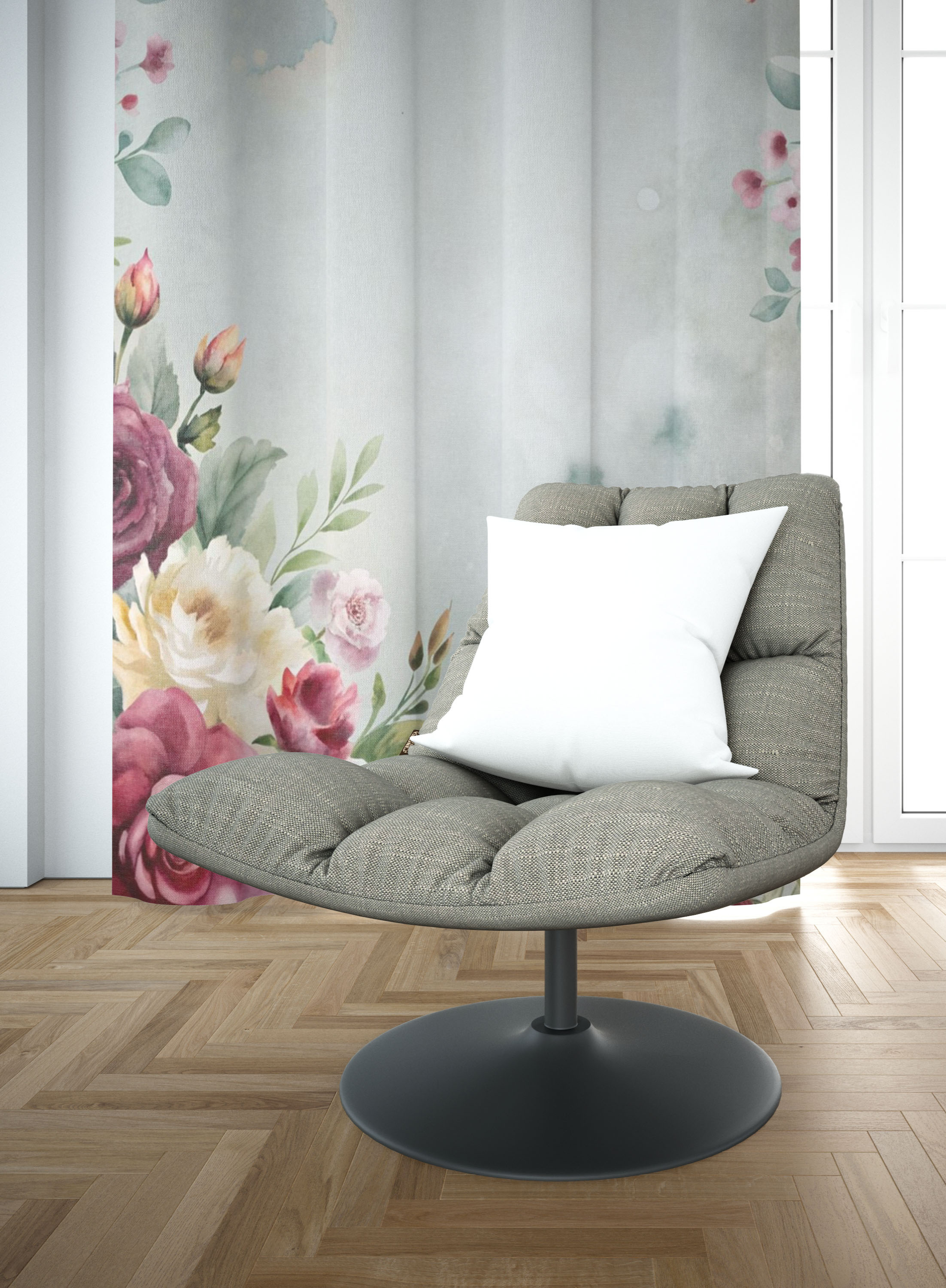 WHITE GREY FRAME FLORAL CURTAINS- SET OF 2, TEXTURED JACQUARD