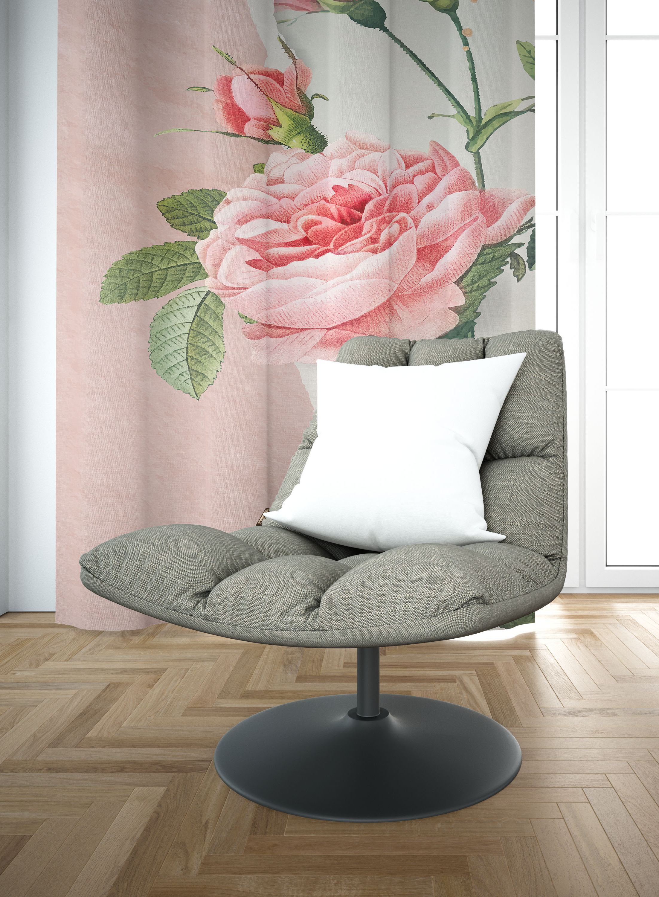 PINK FLORAL CURTAINS- SET OF 2, TEXTURED JACQUARD