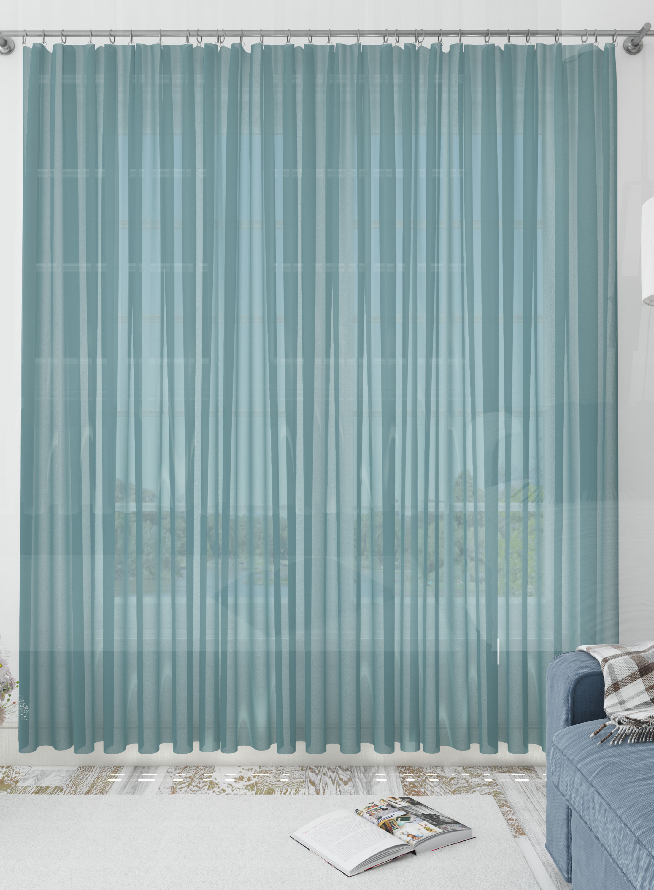 Green Solid Sheer Curtains- Set of 2, Sheer