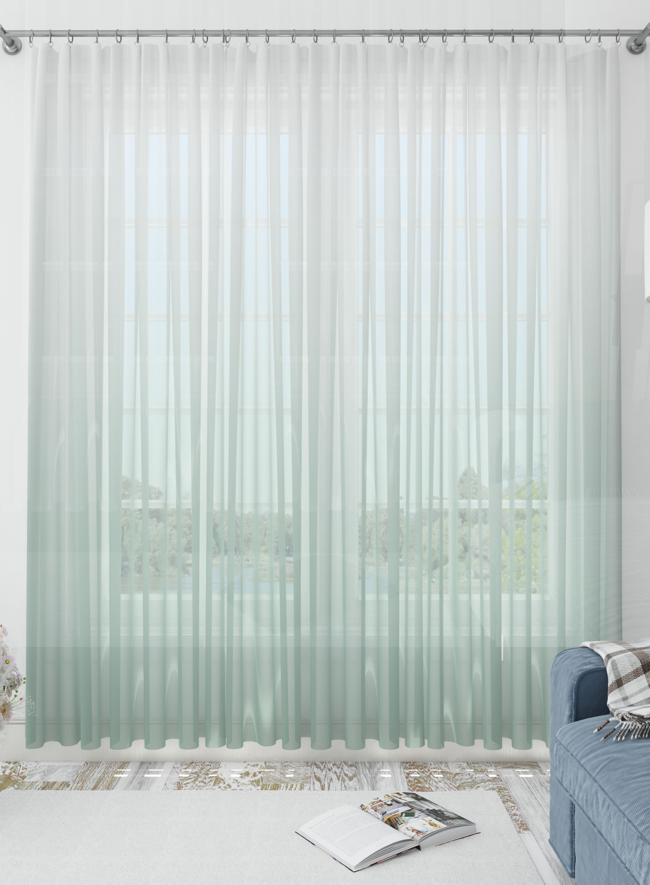 White and Green Gradient Sheer Curtains- Set of 2, Sheer