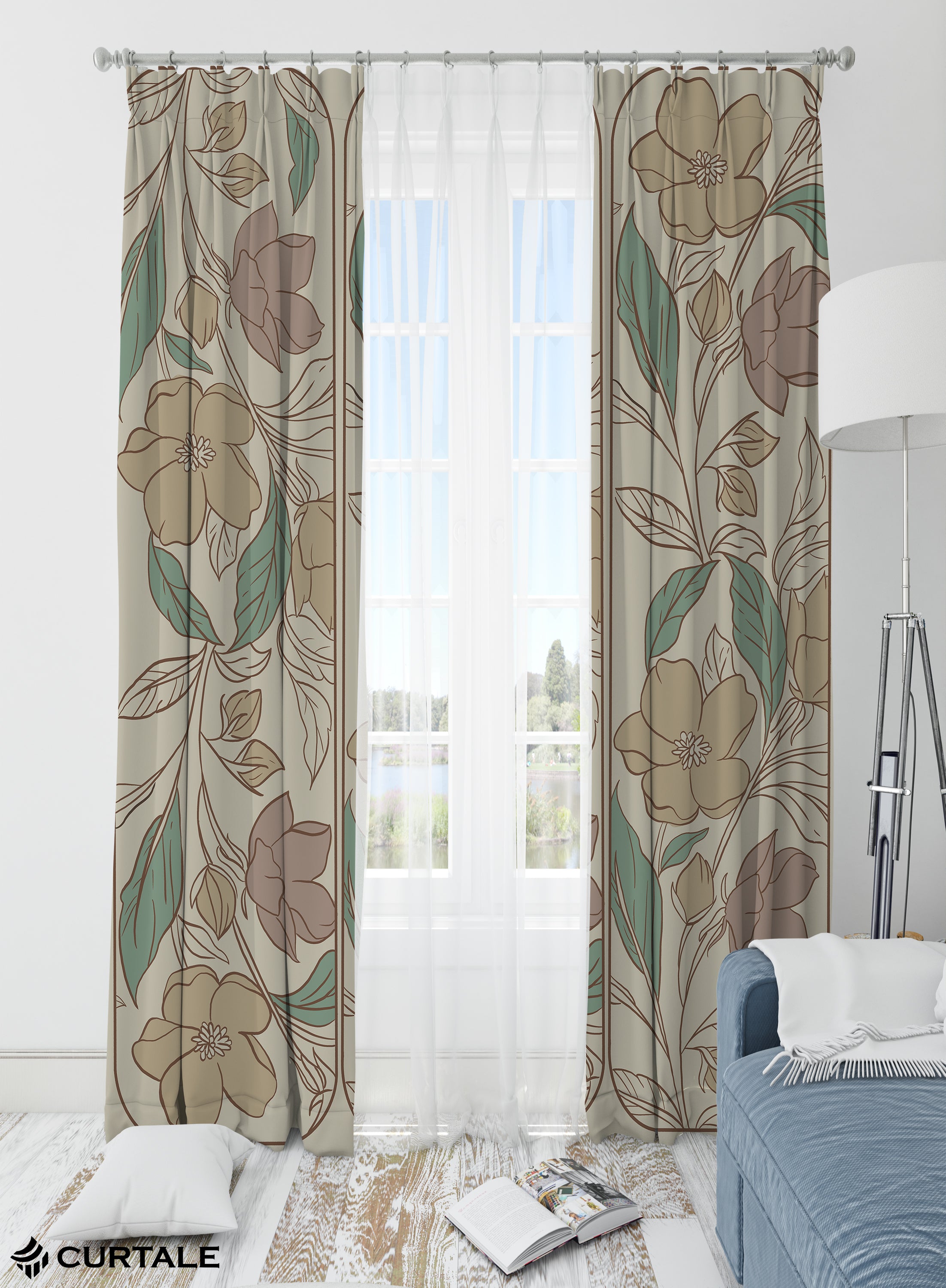 Tranquil Garden Darkening Blackout Curtains - Set of 2, Beige, Polyester