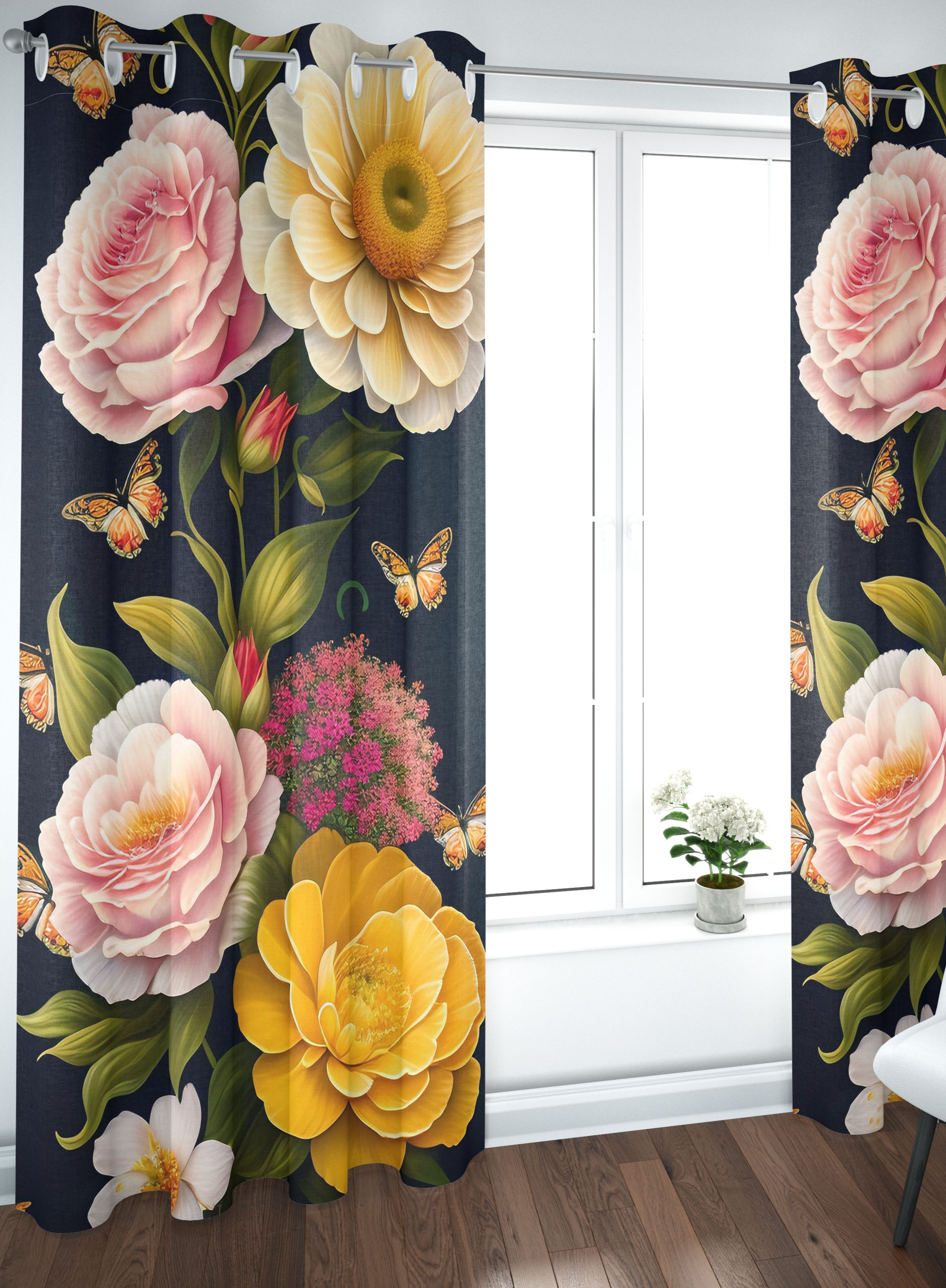 BLACK FLORAL CURTAINS- SET OF 2, TEXTURED JACQUARD