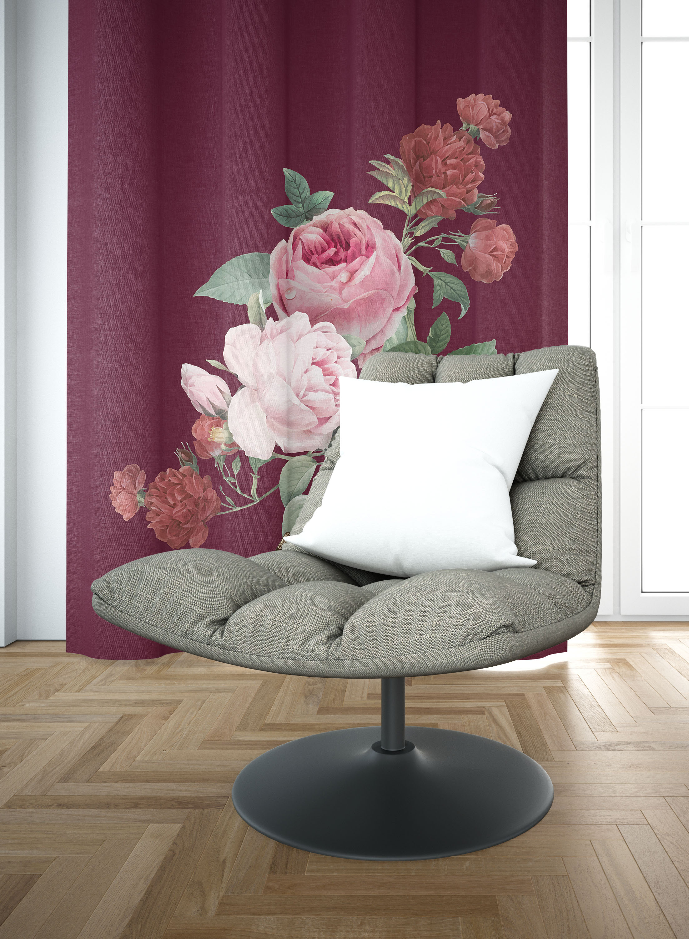 MAROON MOTIF FLORAL CURTAINS- SET OF 2, TEXTURED JACQUARD