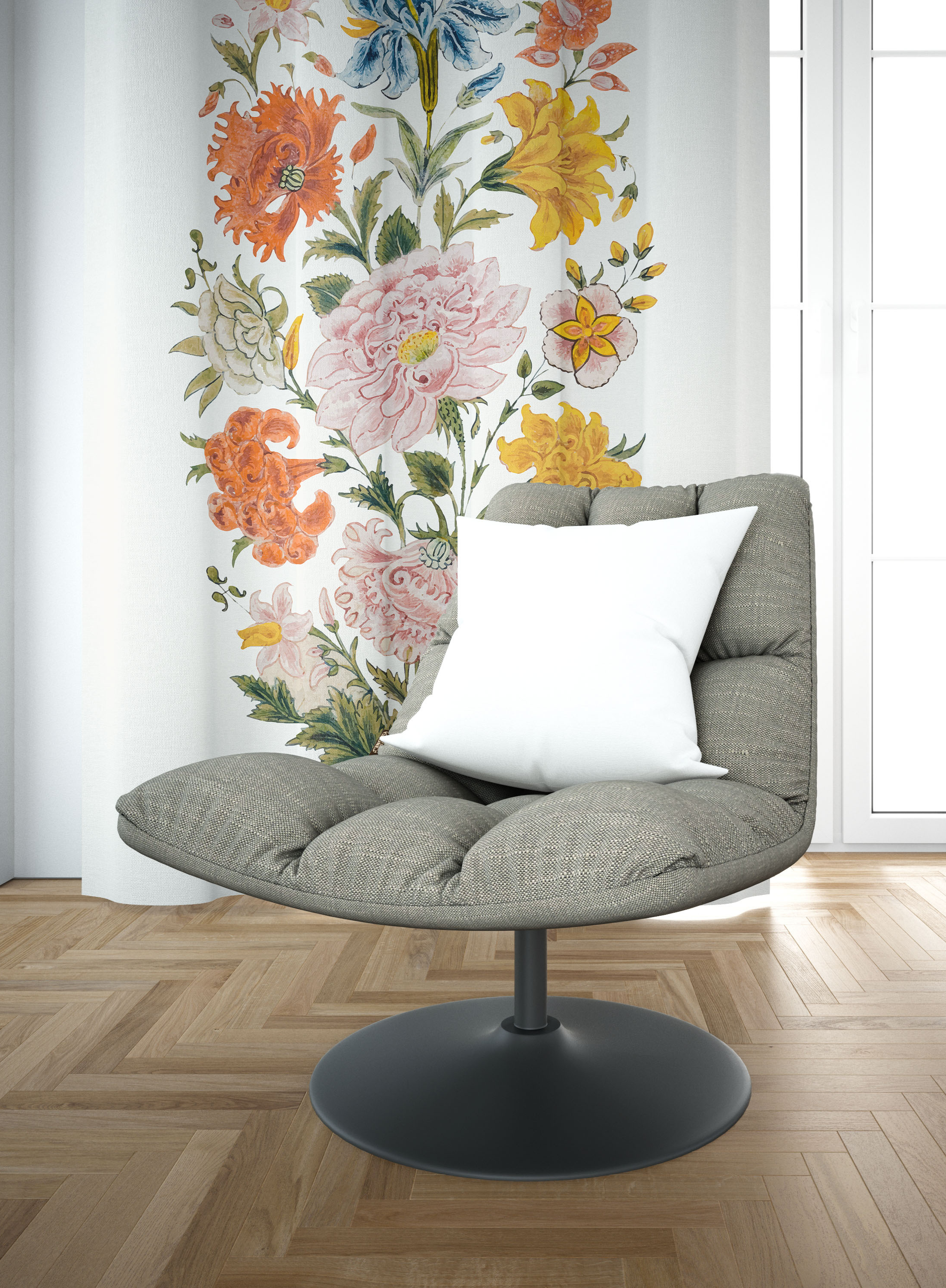 WHITE MOTIF FLORAL CURTAINS- SET OF 2, TEXTURED JACQUARD