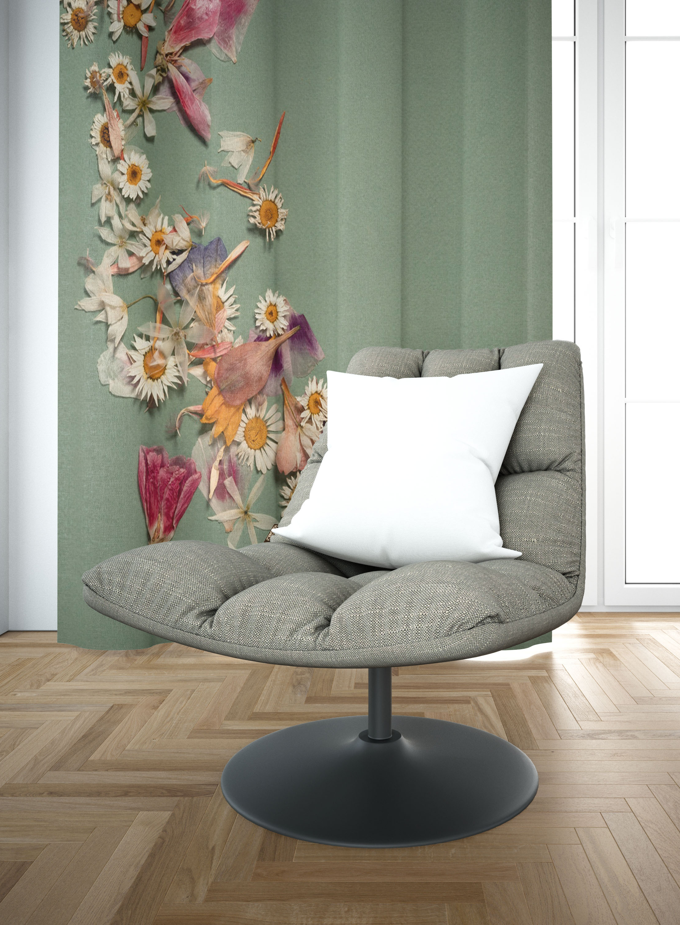 GREEN MOTIF FLORAL CURTAINS- SET OF 2, TEXTURED JACQUARD