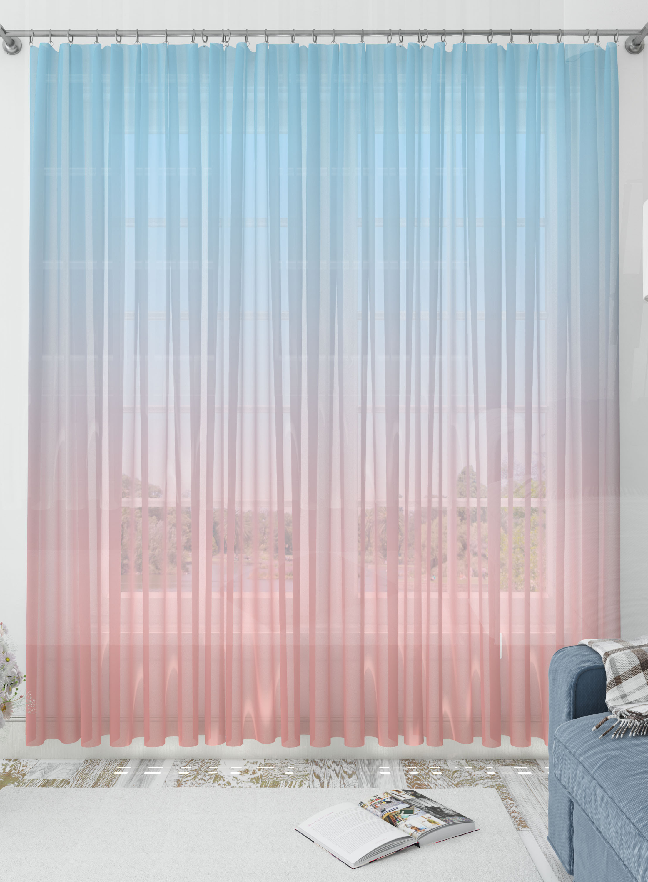 Blue and Peach Gradient Sheer Curtains- Set of 2, Sheer