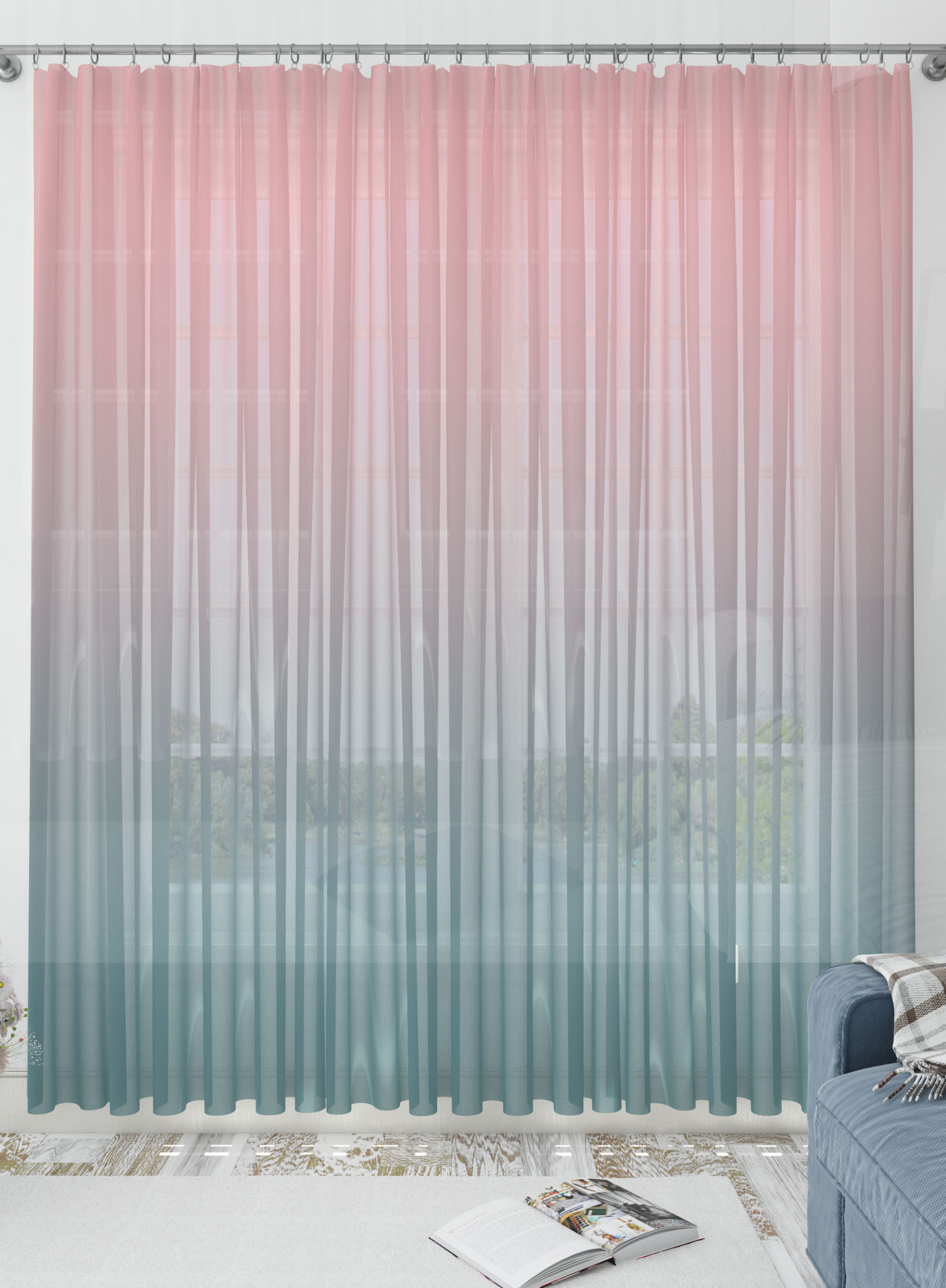 Peach and Green Gradient Sheer Curtains- Set of 2, Sheer