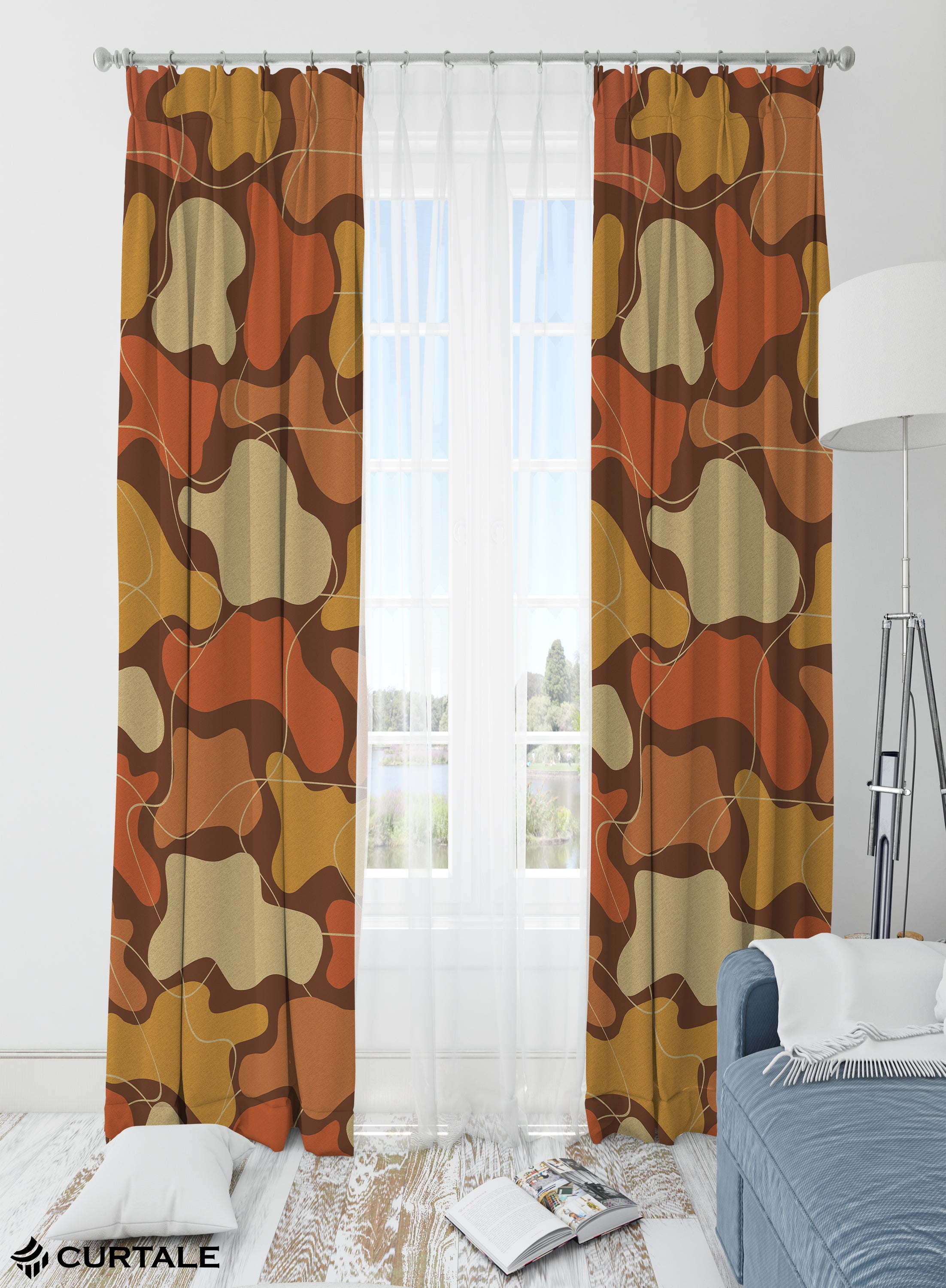 Puzzle Flow Darkening Blackout Curtains - Set of 2, Brown, Polyester