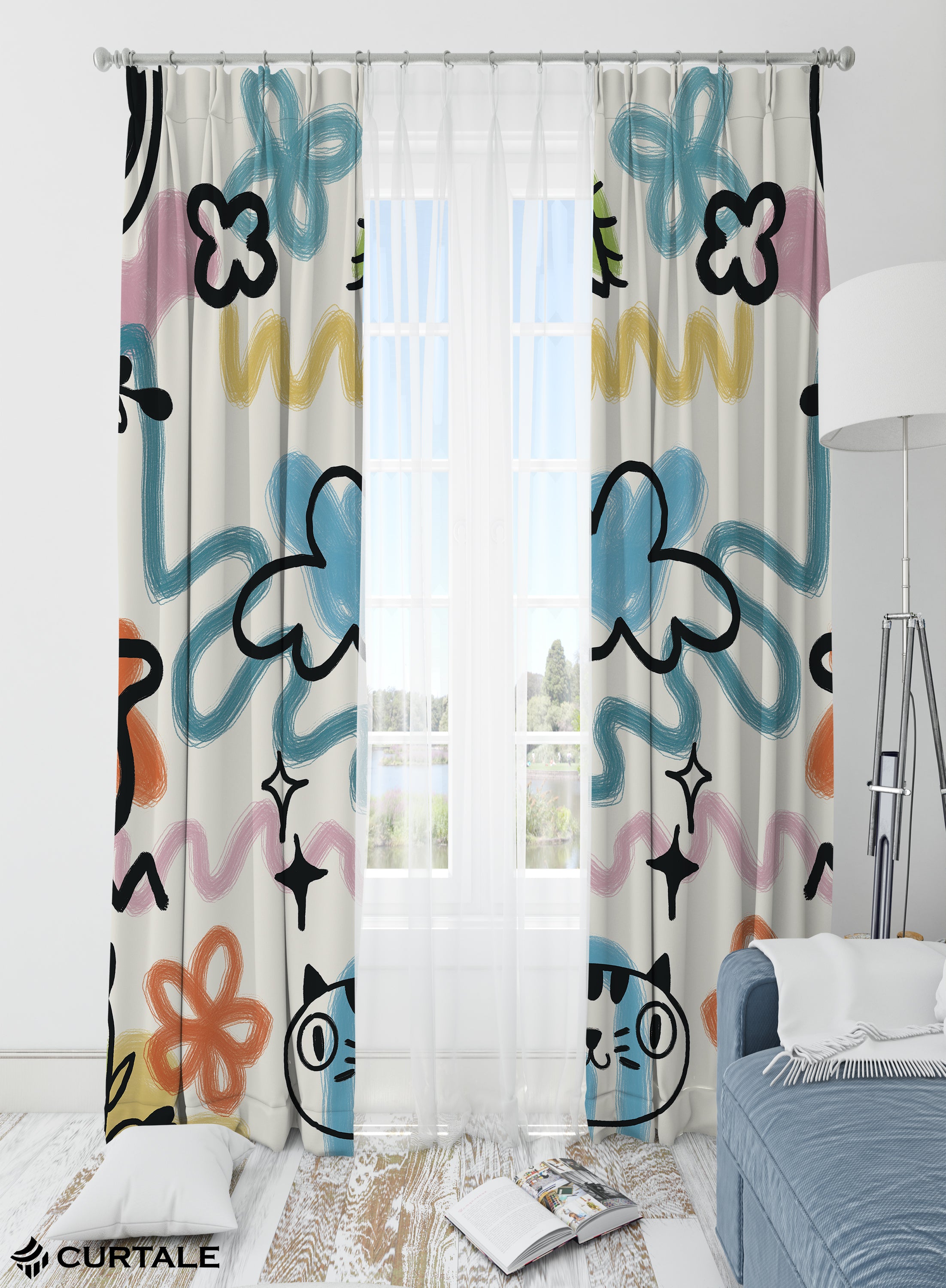 Whimsical Curtains Darkening Blackout Curtains - Set of 2, White, Polyester