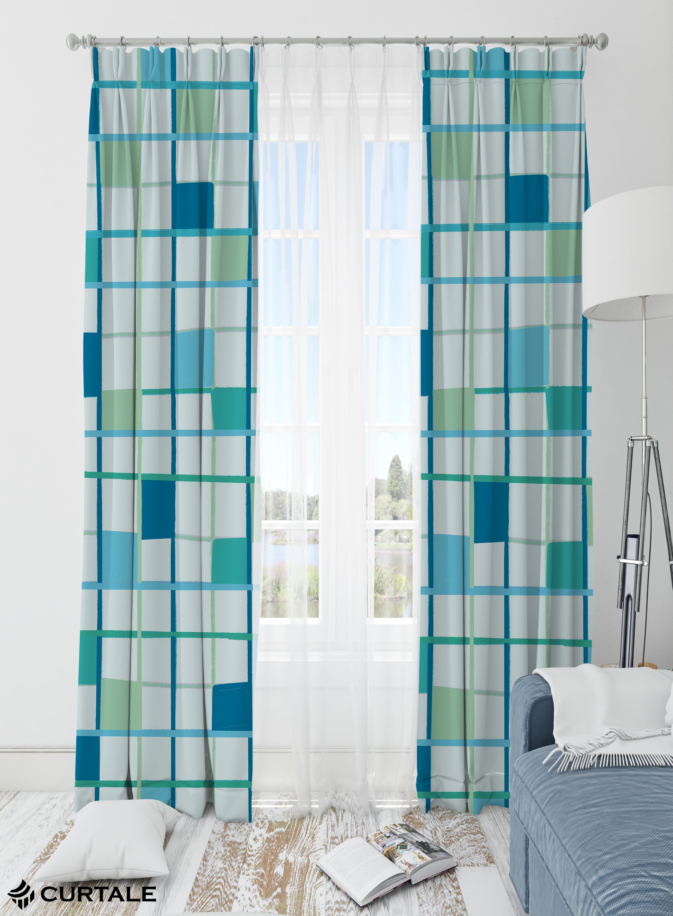Checkered Darkening Blackout Curtains - Set of 2, Pastel Blue, Polyester