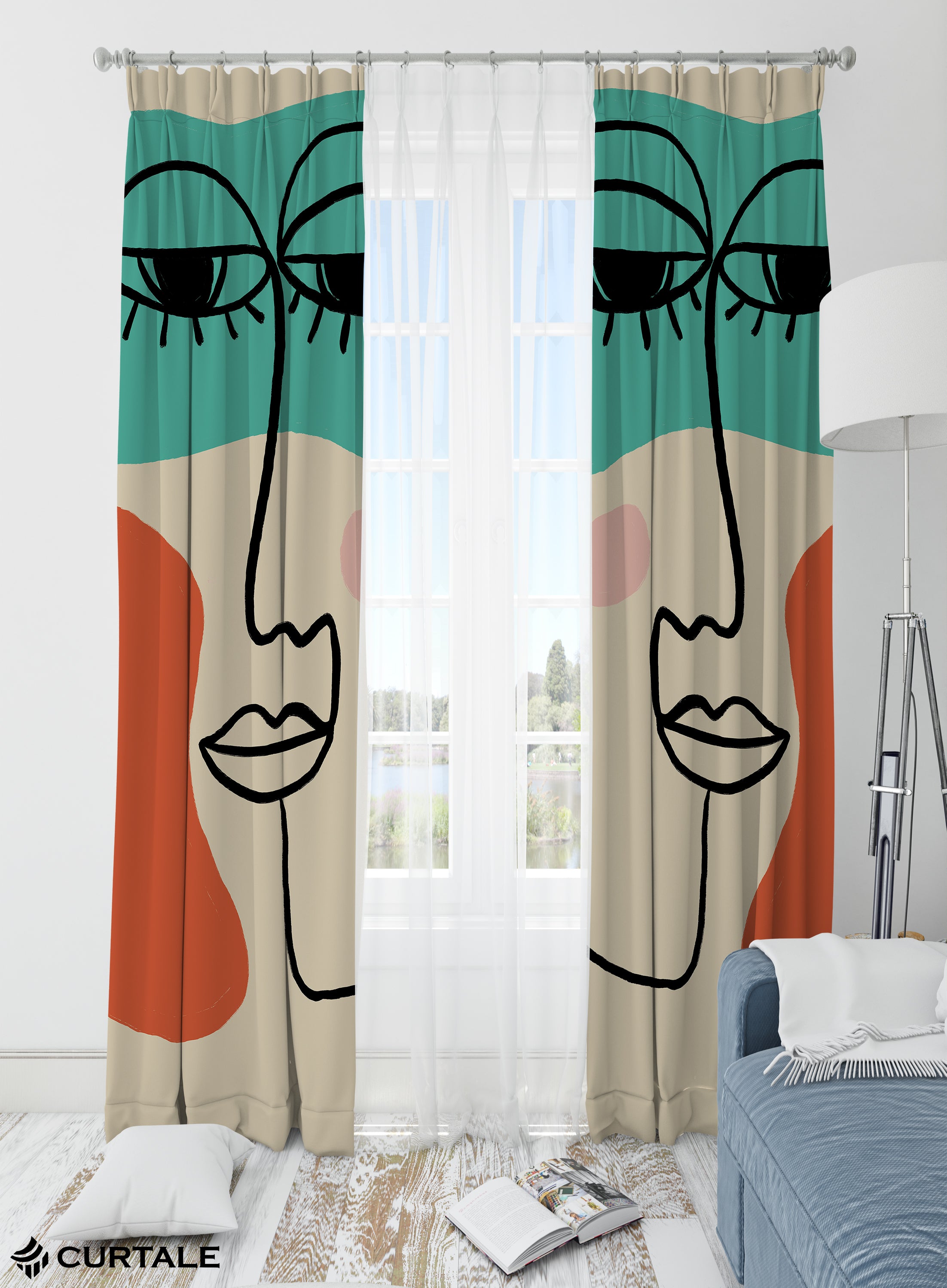 Abstract Portrait Darkening Blackout Curtains - Set of 2, Beige, Polyester