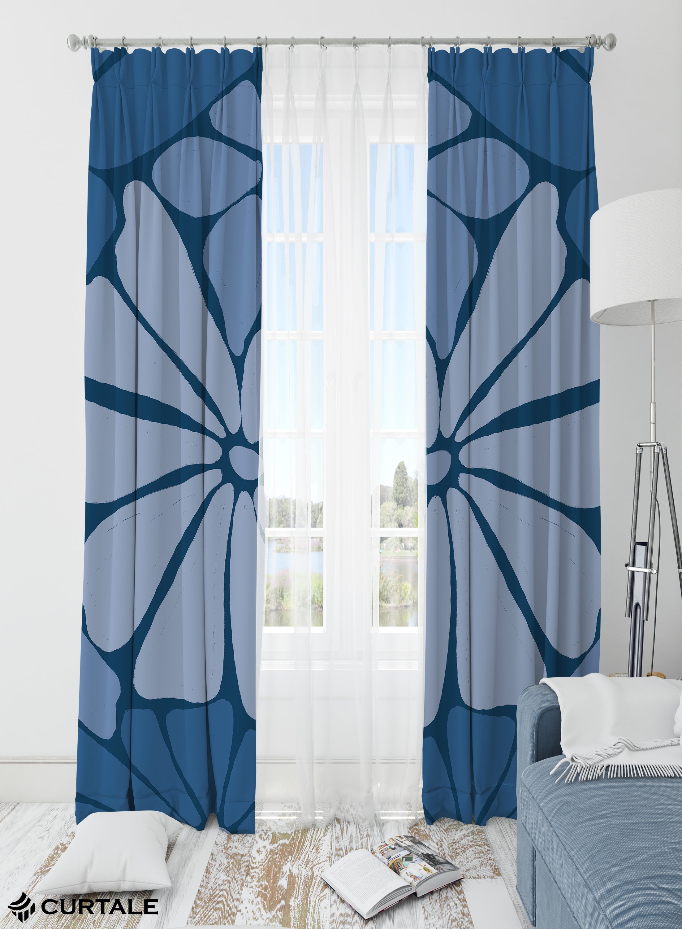 Blue Blossom Darkening Blackout Curtains - Set of 2, Blue, Polyester