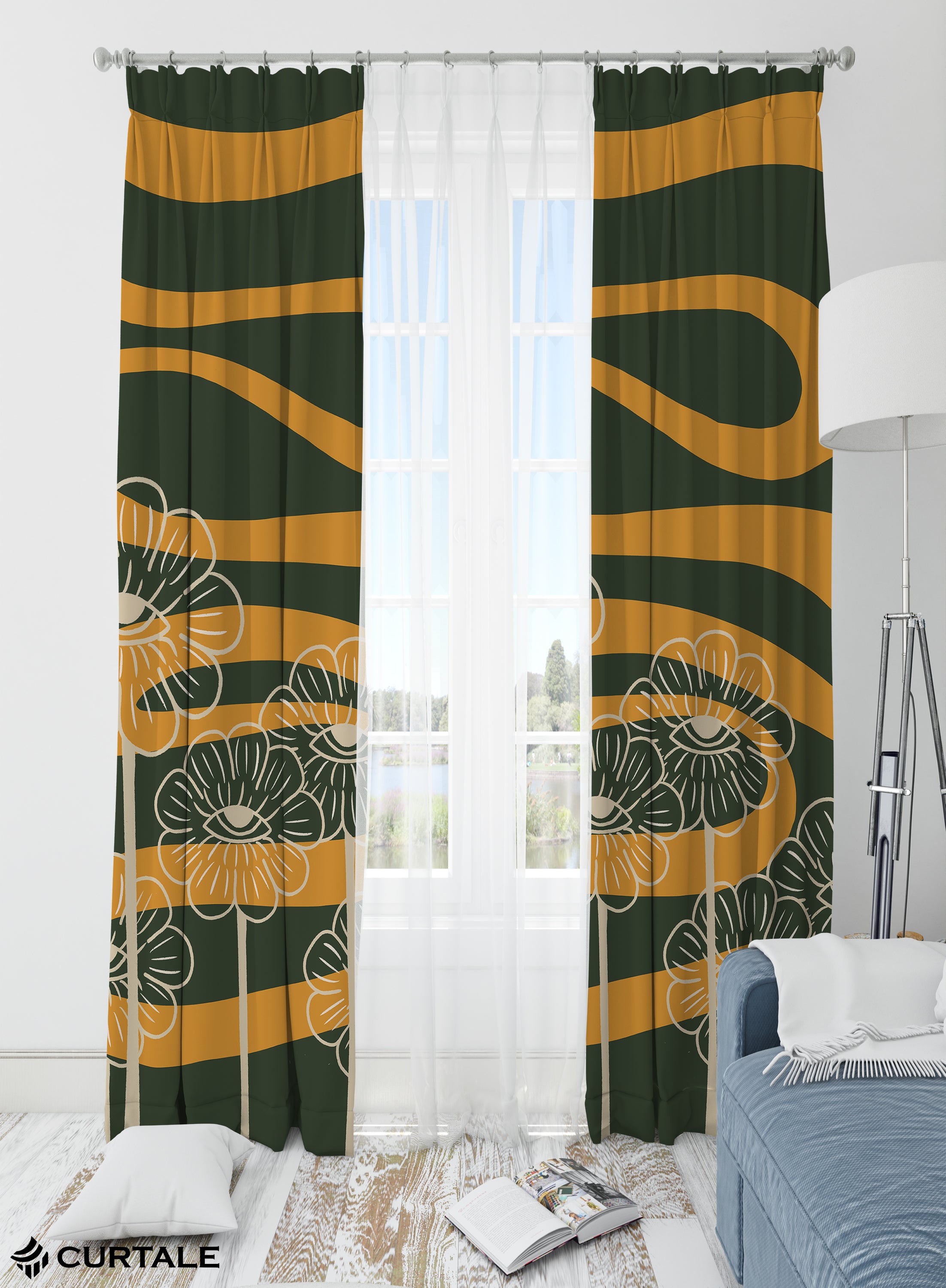 Sunflower Voyage Darkening Blackout Curtains - Set of 2, Olive Green, Polyester