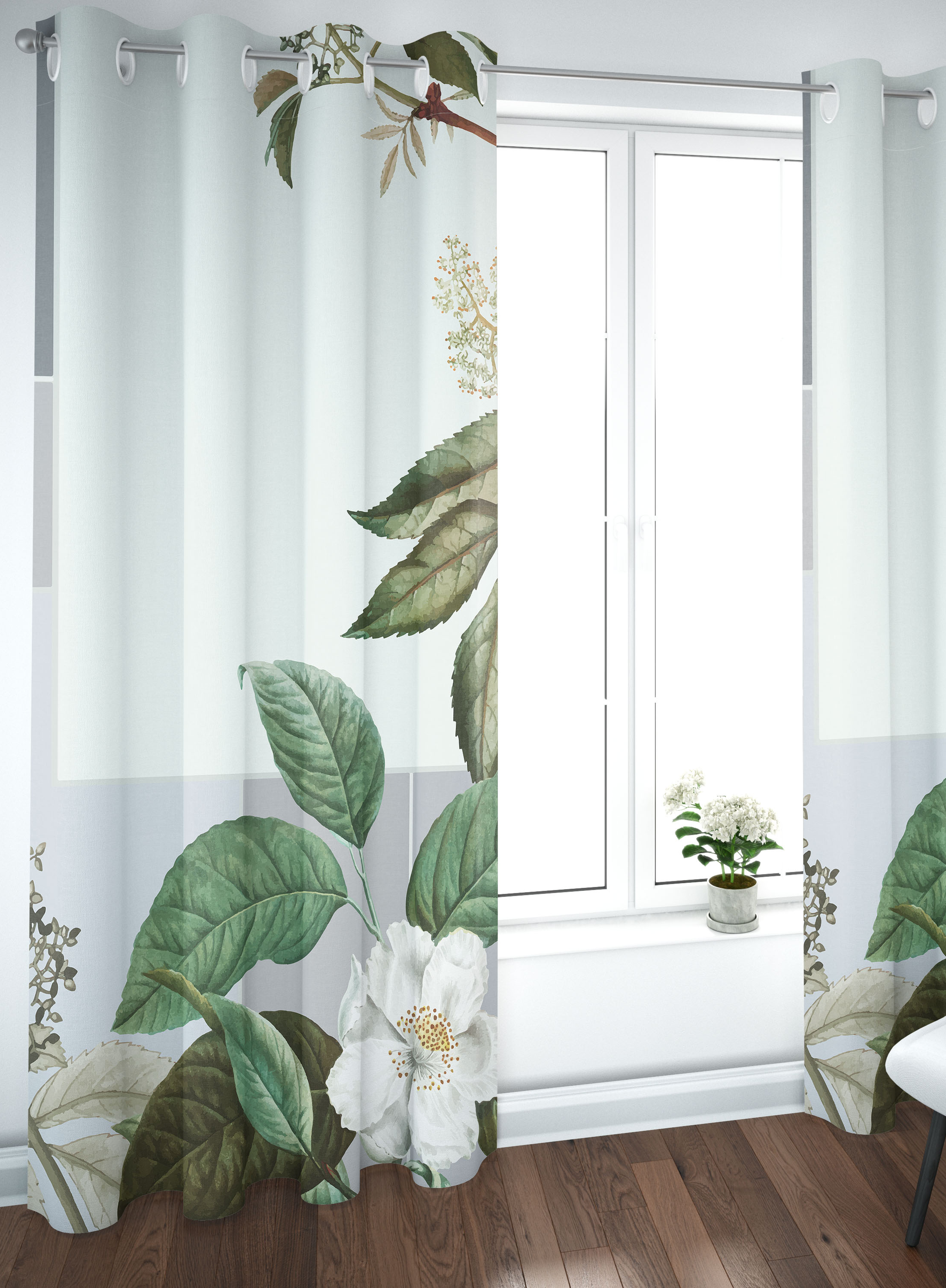 GREY LEAVES FRAME FLORAL CURTAINS- SET OF 2, TEXTURED JACQUARD