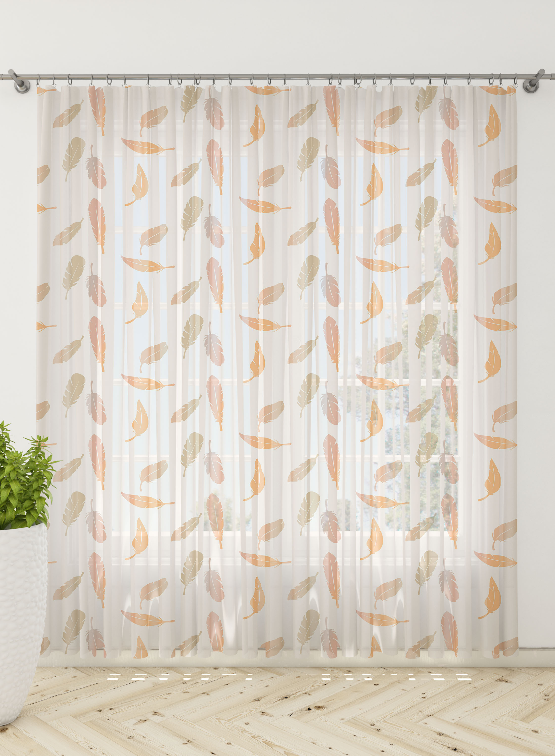 Orange Feather Sheer Curtains- Set of 2, Sheer