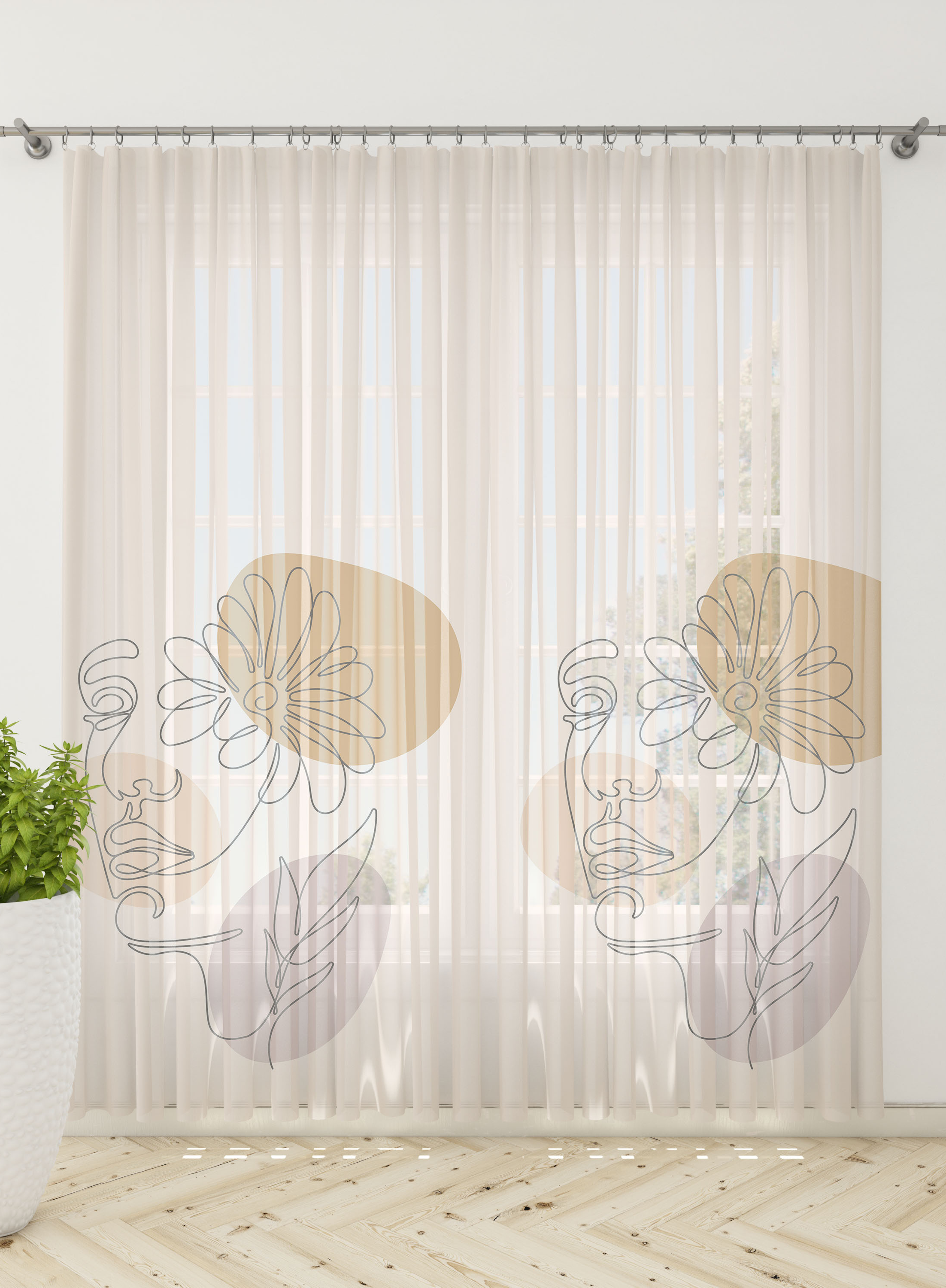 Floral Portrait Sheer Curtains- Set of 2, Sheer