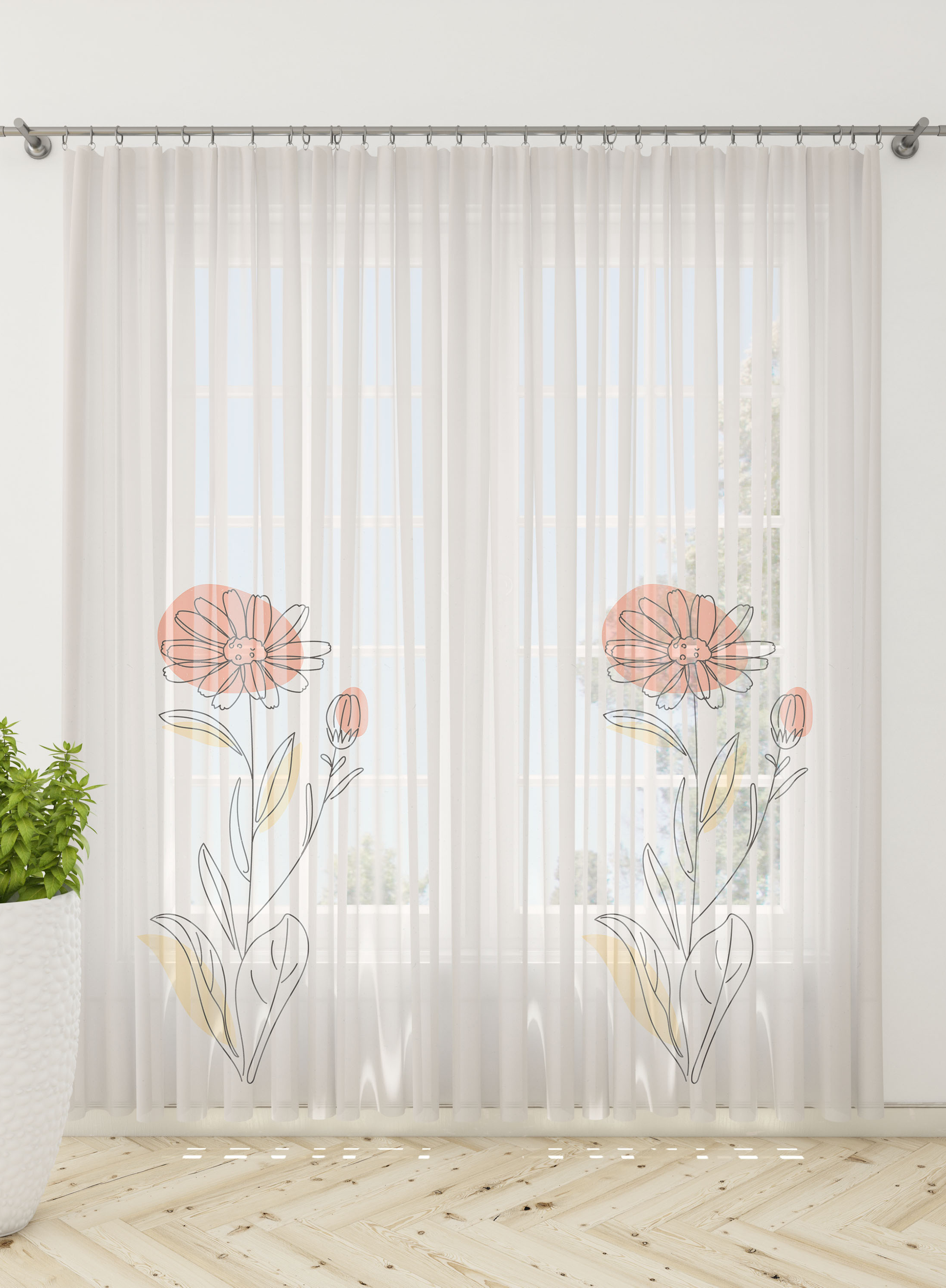 Sun-floral Sheer Curtains- Set of 2, Sheer