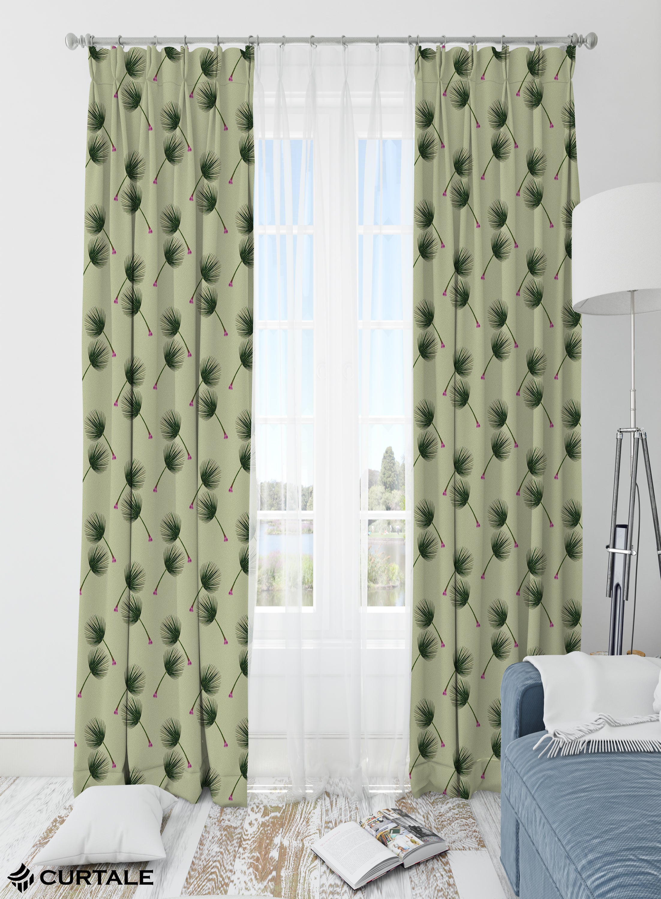 Blossom Bud Darkening Blackout Curtains - Set of 2,Pastel Green, Polyester