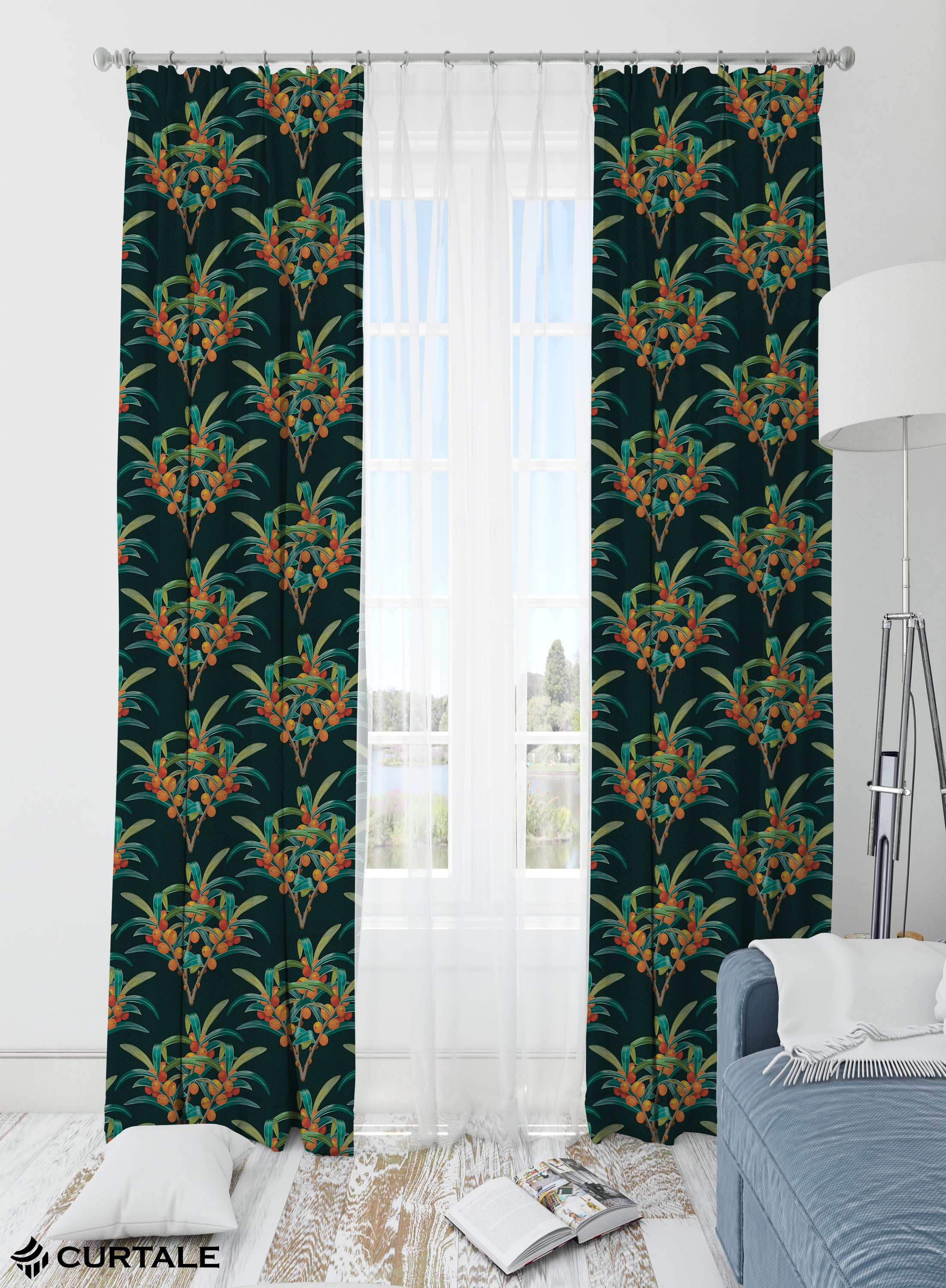 Citrus Grove Darkening Blackout Curtains - Set of 2, Green, Polyester