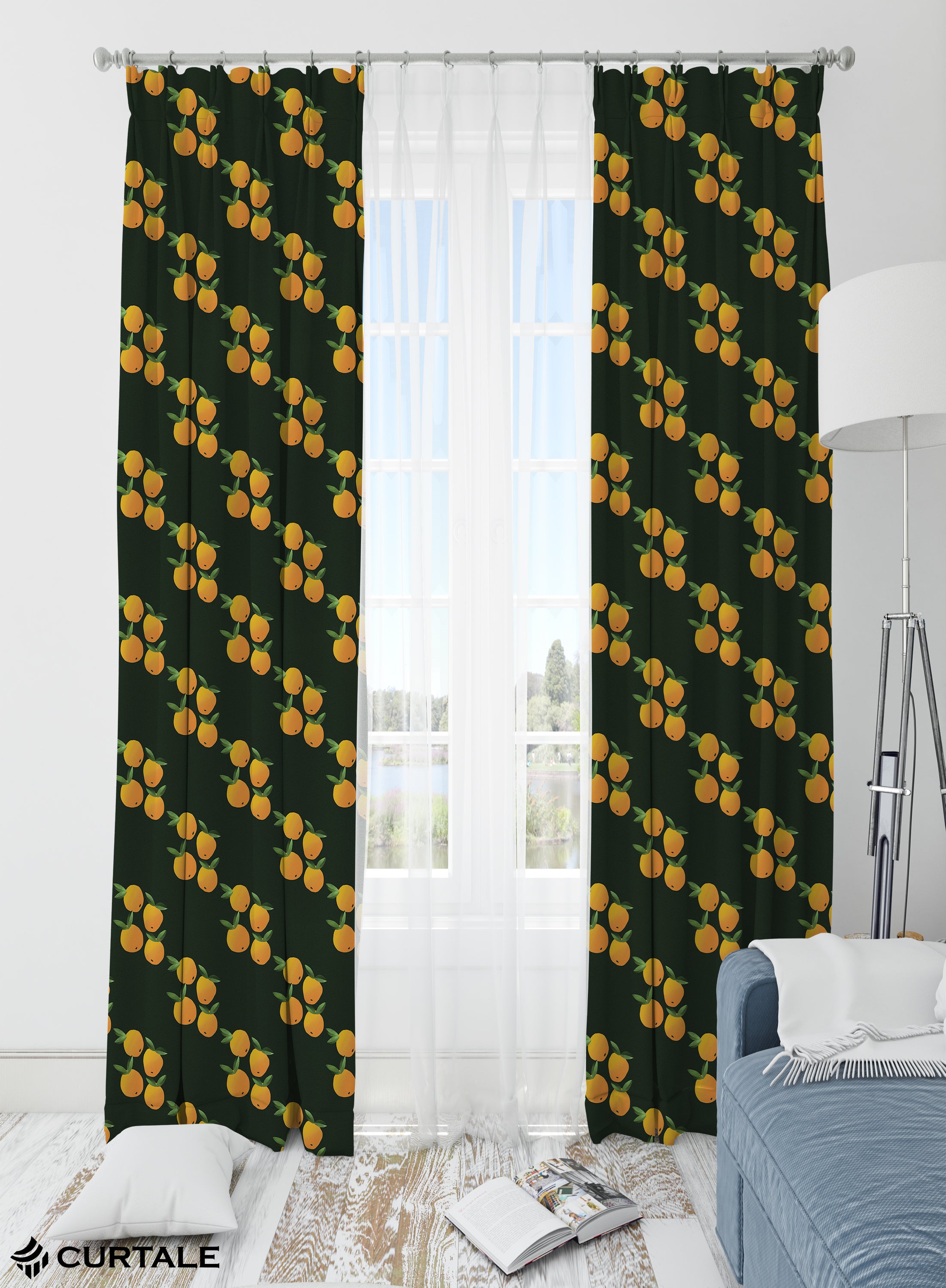 Countryside Orchard Darkening Blackout Curtains - Set of 2, Green, Polyester