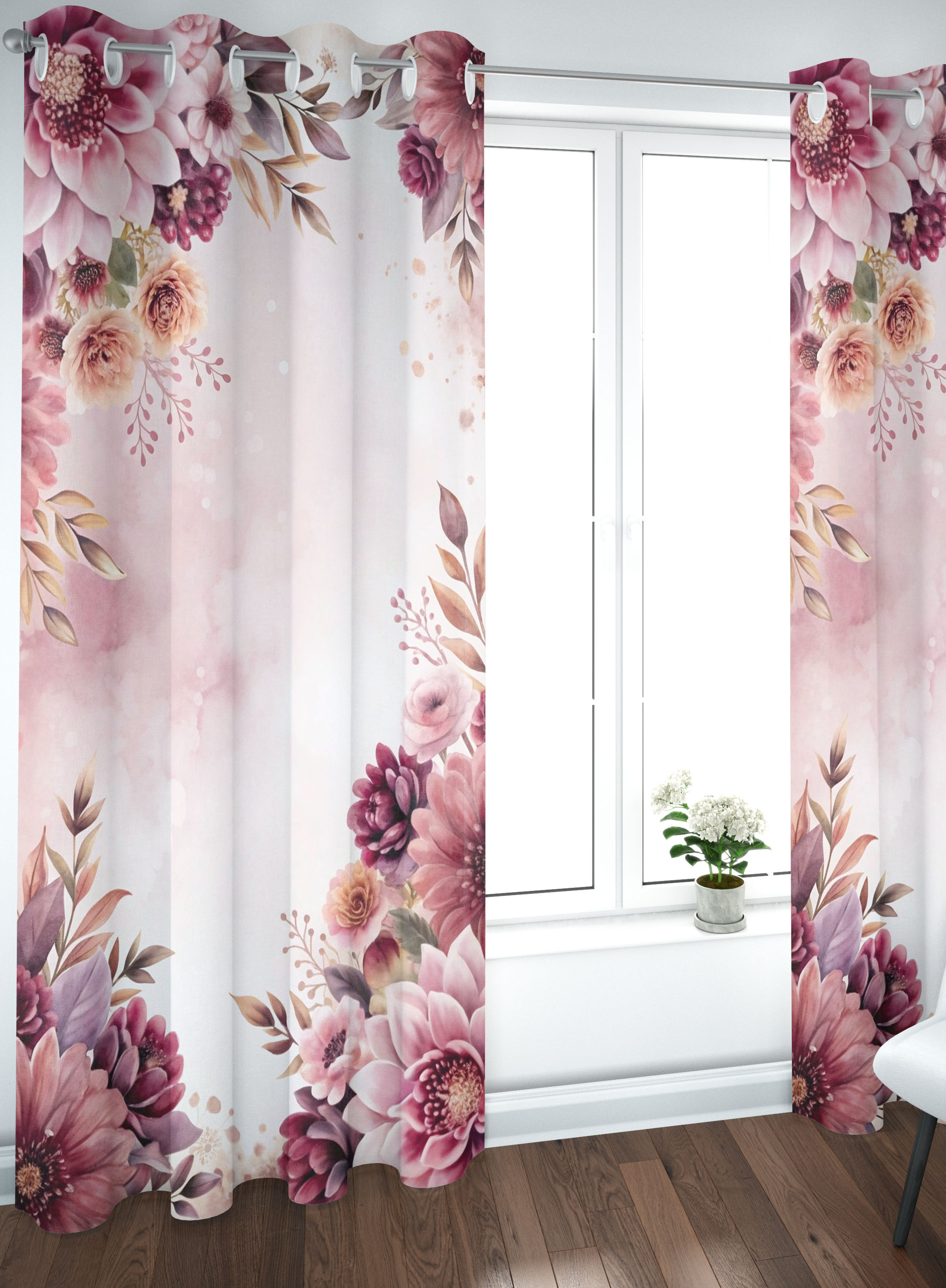 WHITE PINK FRAME FLORAL CURTAINS- SET OF 2, TEXTURED JACQUARD