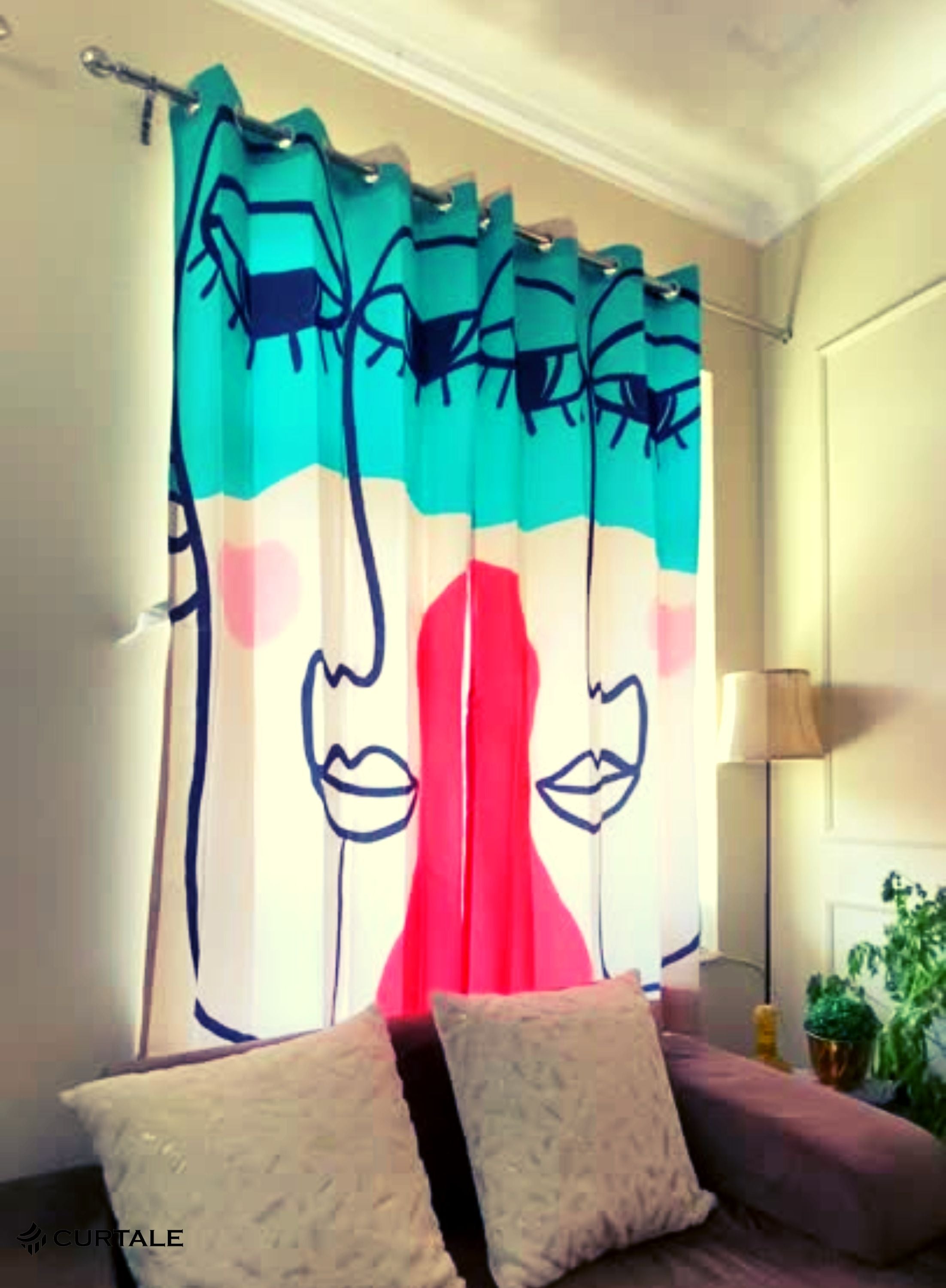 Abstract Portrait Darkening Blackout Curtains - Set of 2, Beige, Polyester