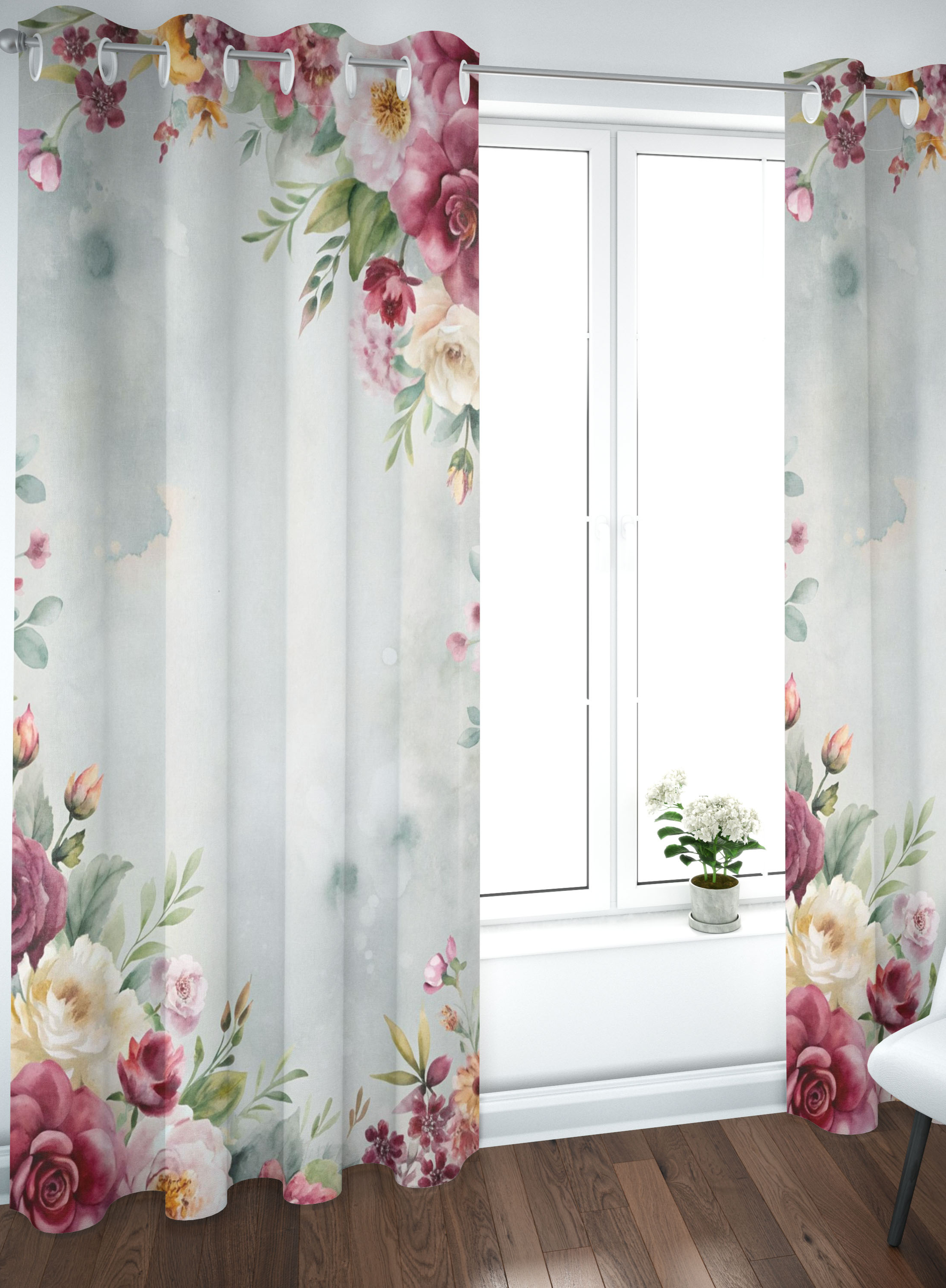 WHITE GREY FRAME FLORAL CURTAINS- SET OF 2, TEXTURED JACQUARD