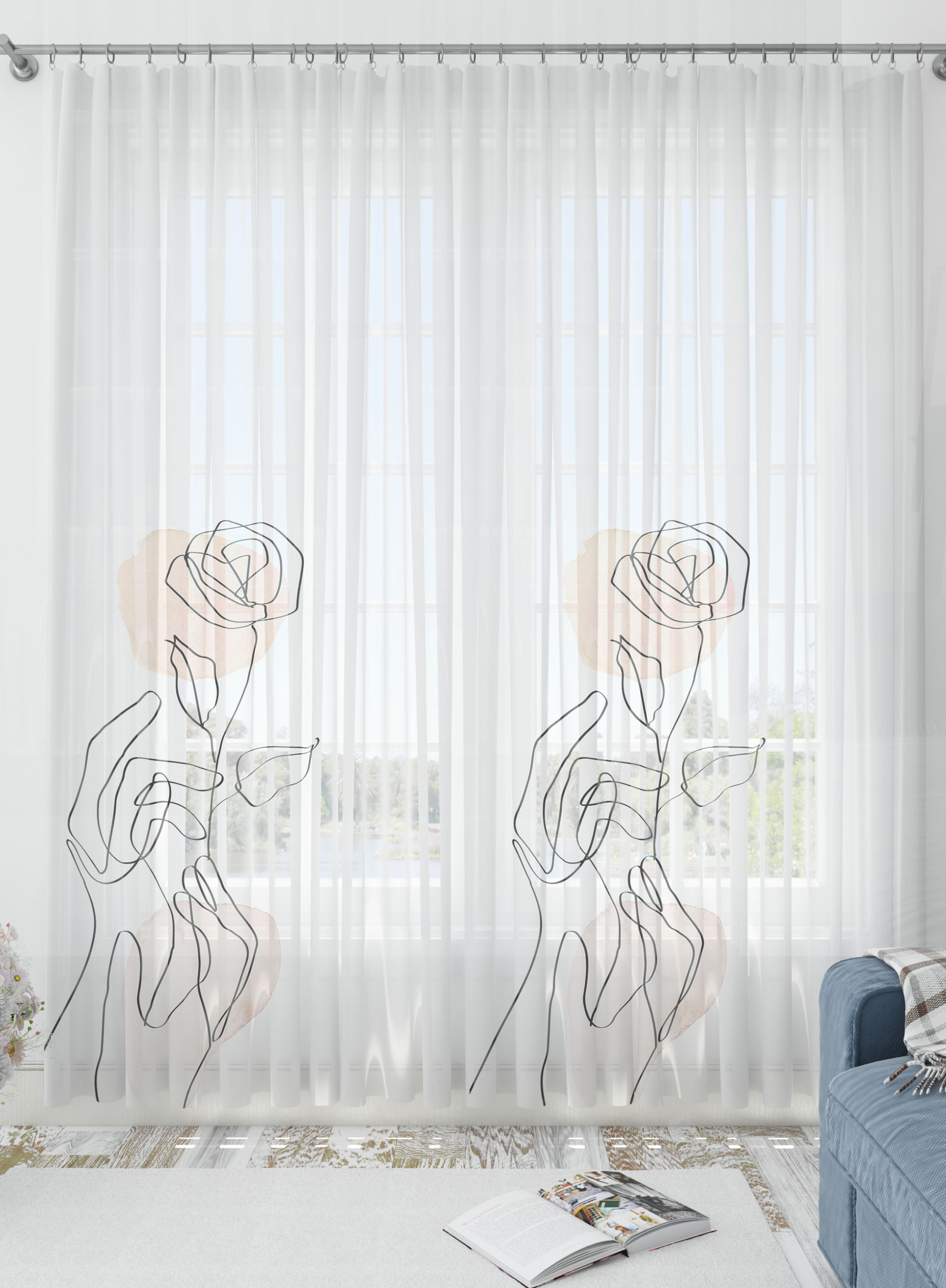 Rose in a hand Sheer Curtains- Set of 2, Sheer