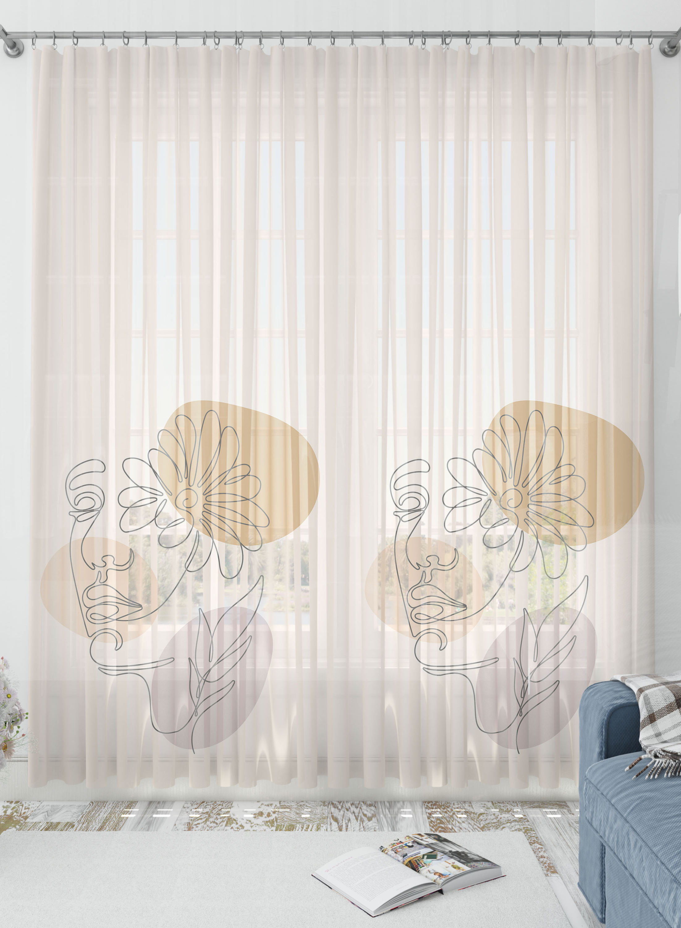 Floral Portrait Sheer Curtains- Set of 2, Sheer