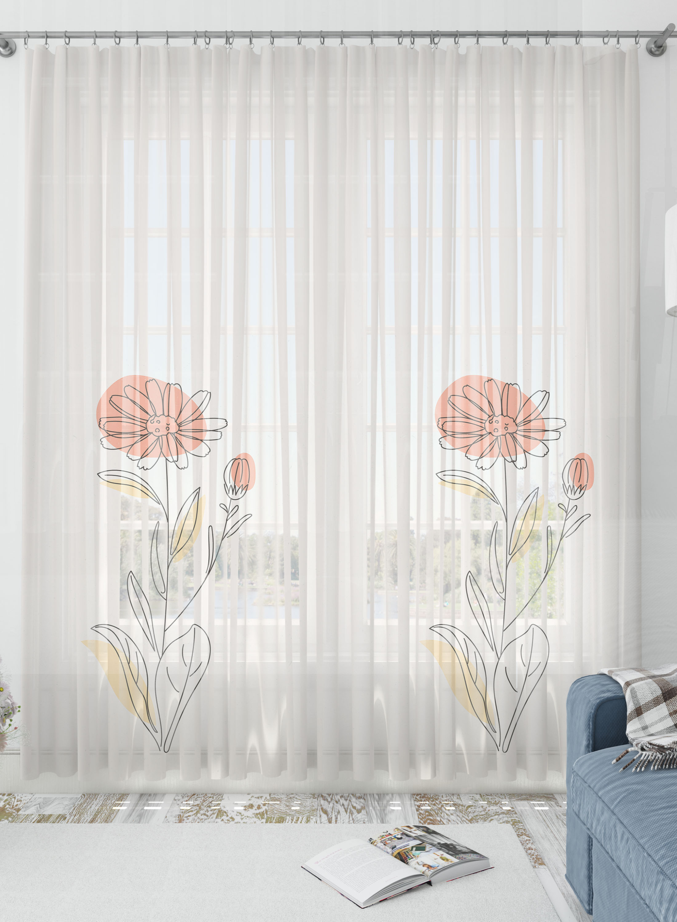 Sun-floral Sheer Curtains- Set of 2, Sheer