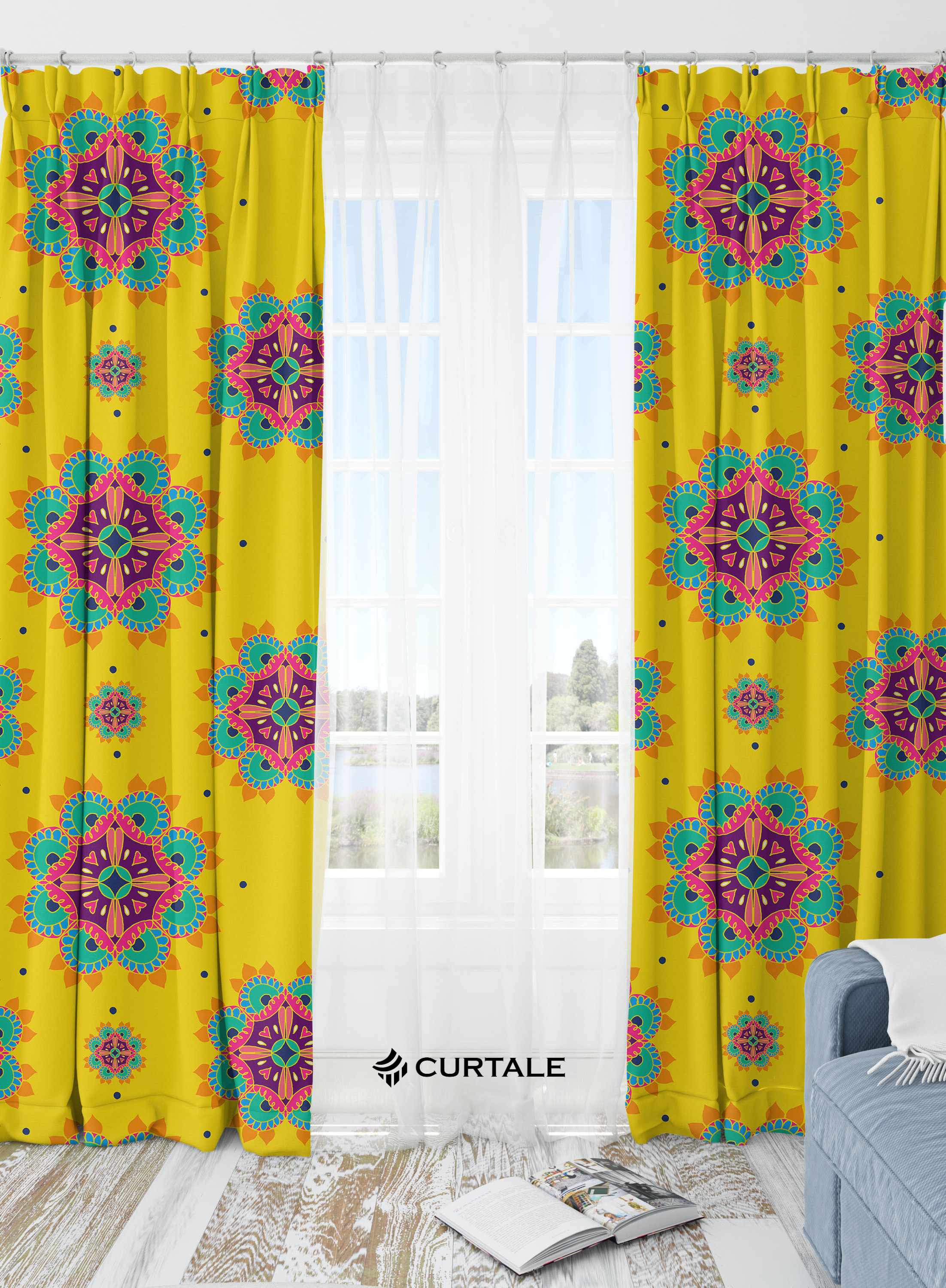 Yellow Mandala Pattern Darkening Blackout Curtains - 1 Piece, Cotton