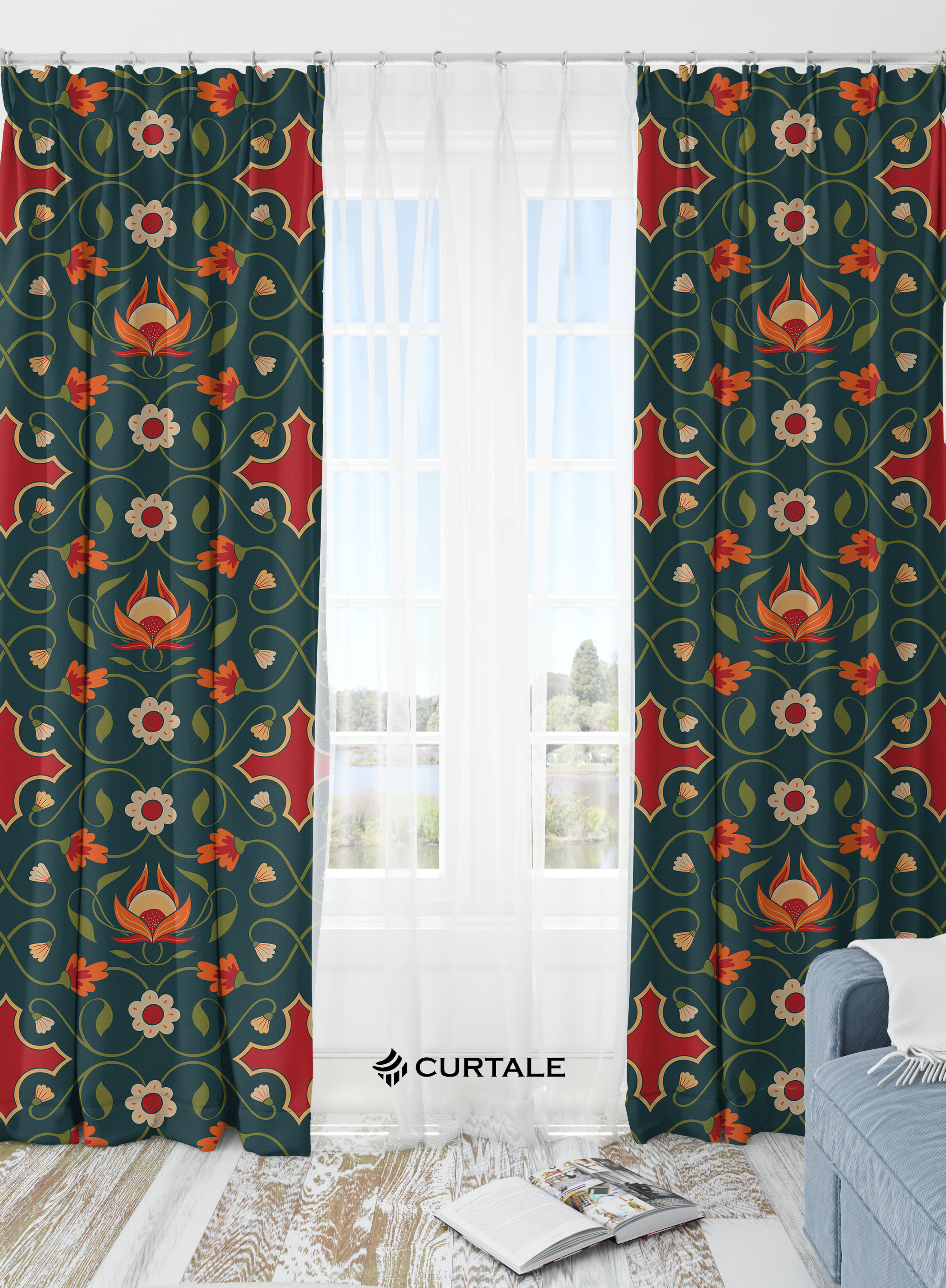 Green Floral Pattern Darkening Blackout Curtains - 1 Piece, Cotton
