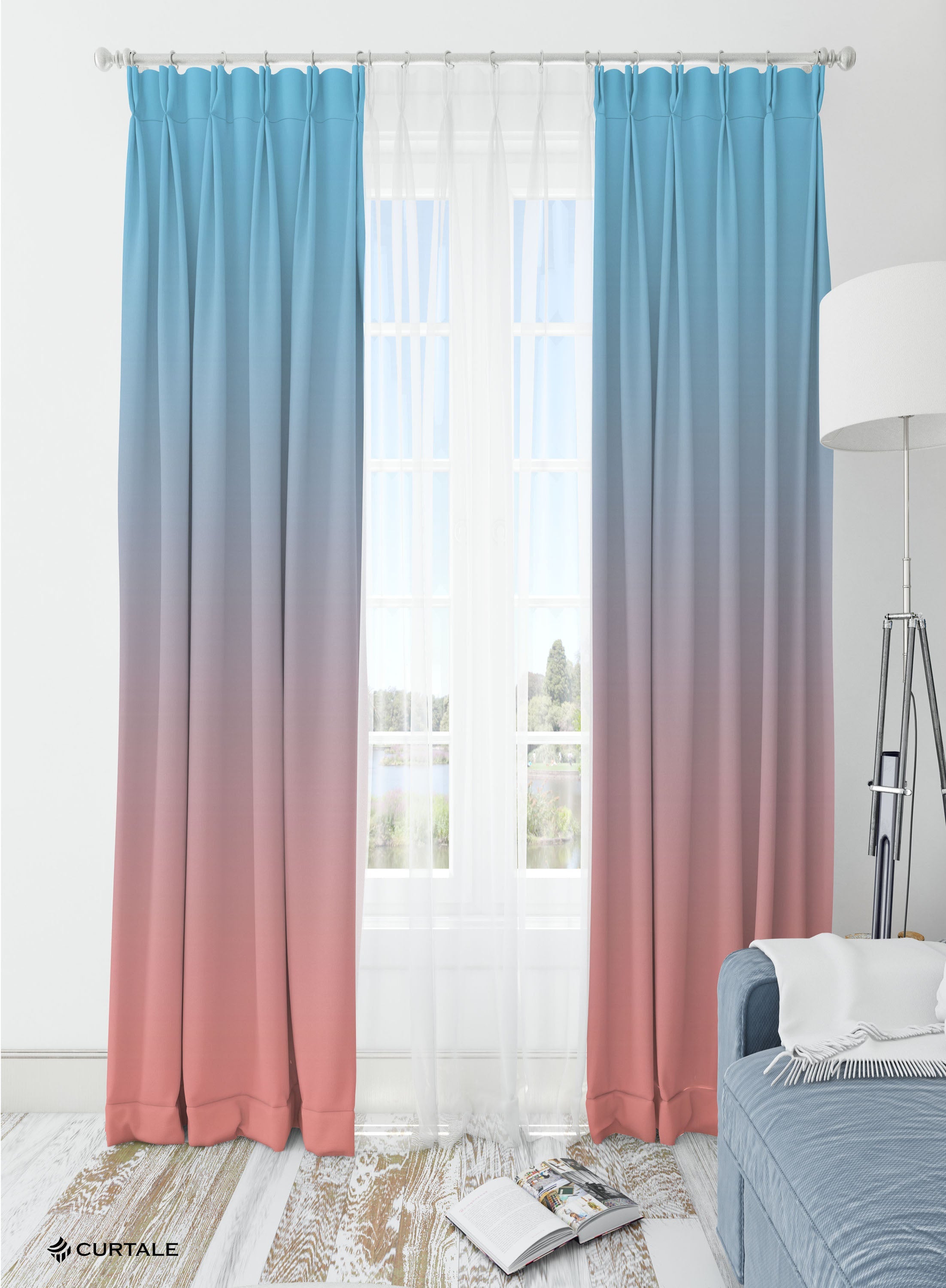 Blue and Peach Room Darkening Blackout Curtains - Set of 2, Polyester