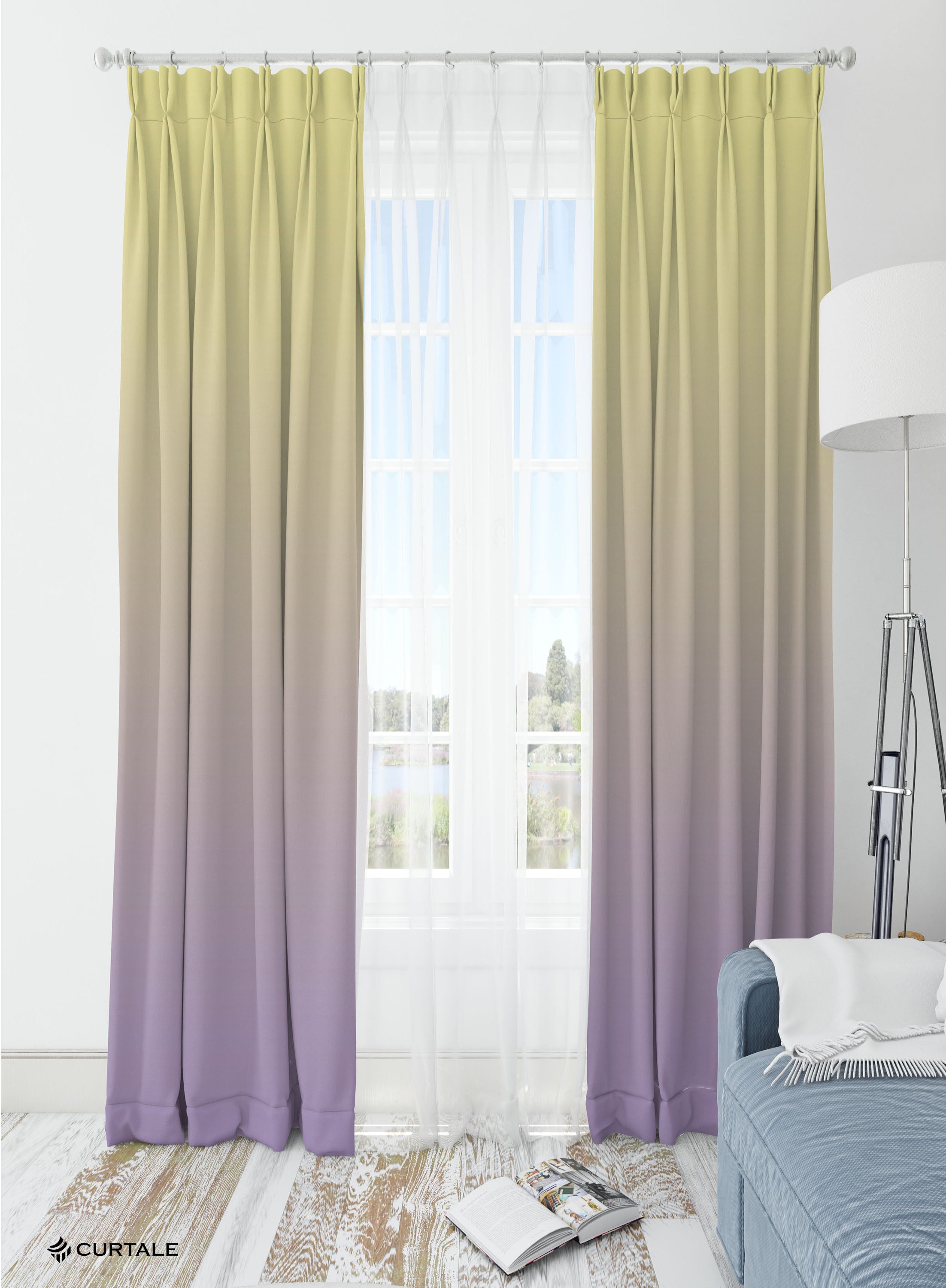 Yellow and Purple Room Darkening Blackout Curtains - Set of 2, Polyester