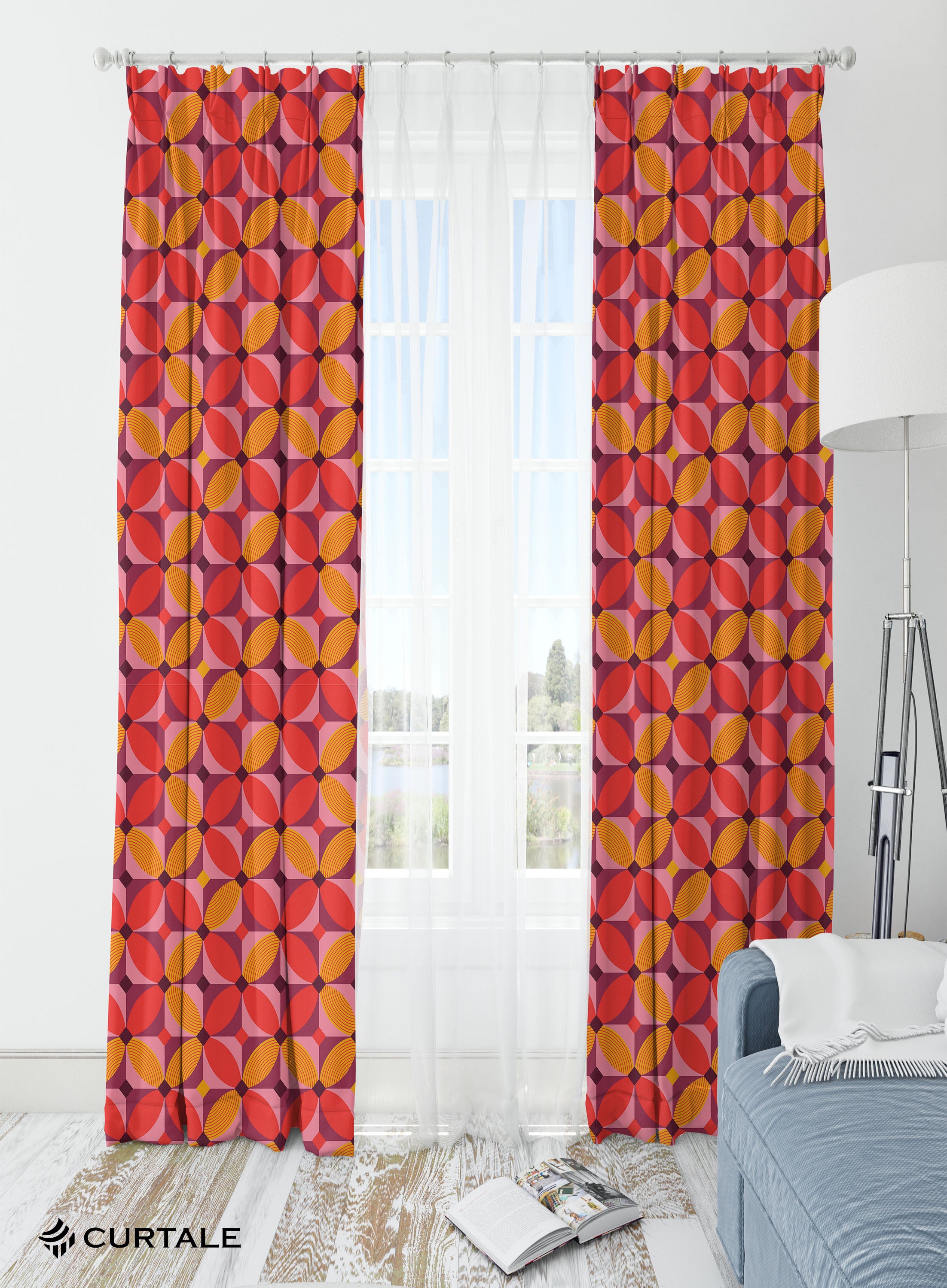 Red Floral Geometric Room Darkening Blackout Curtains - 1 Panel, Polyester