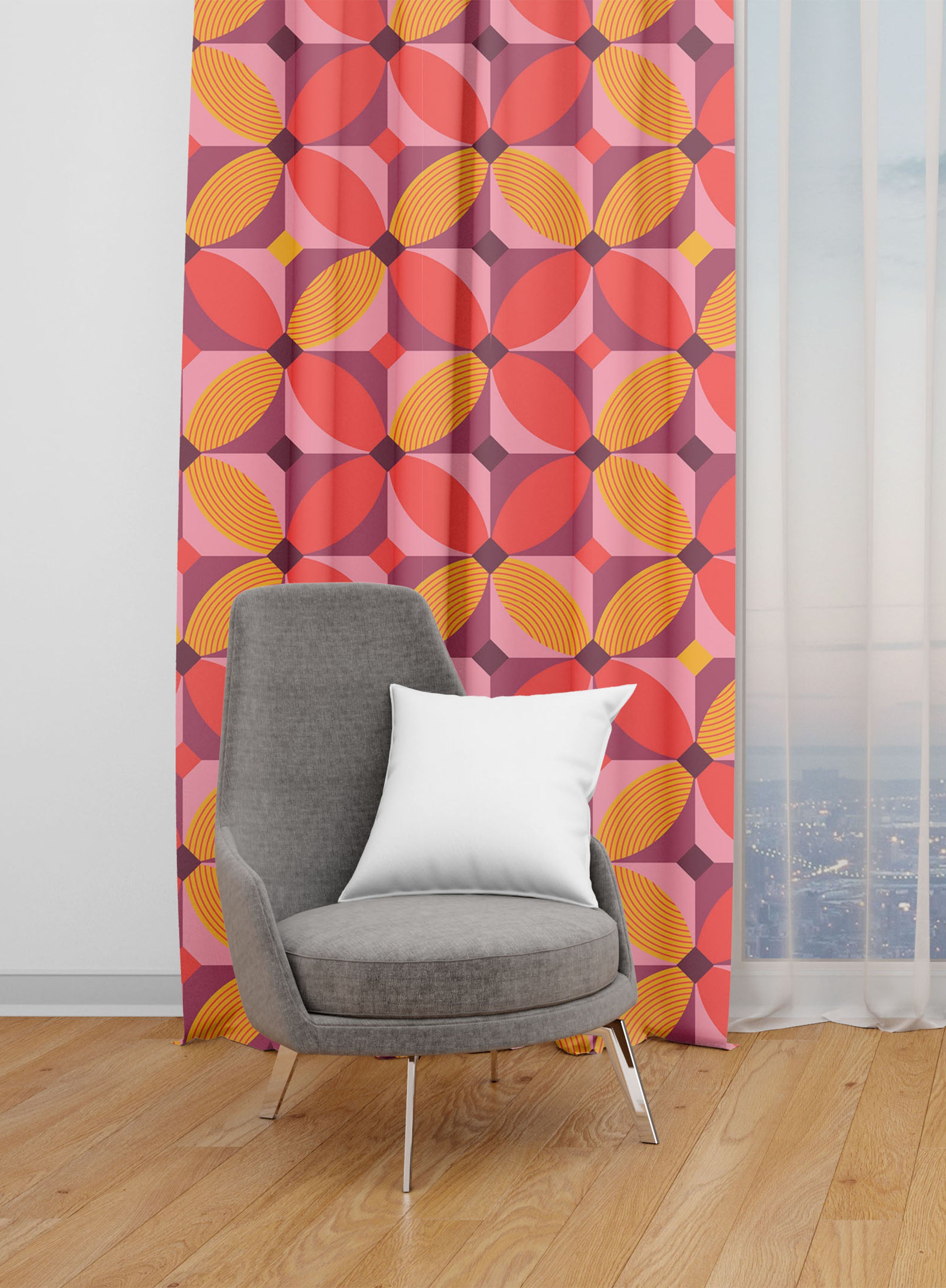 Red Floral Geometric Room Darkening Blackout Curtains - 1 Panel, Polyester