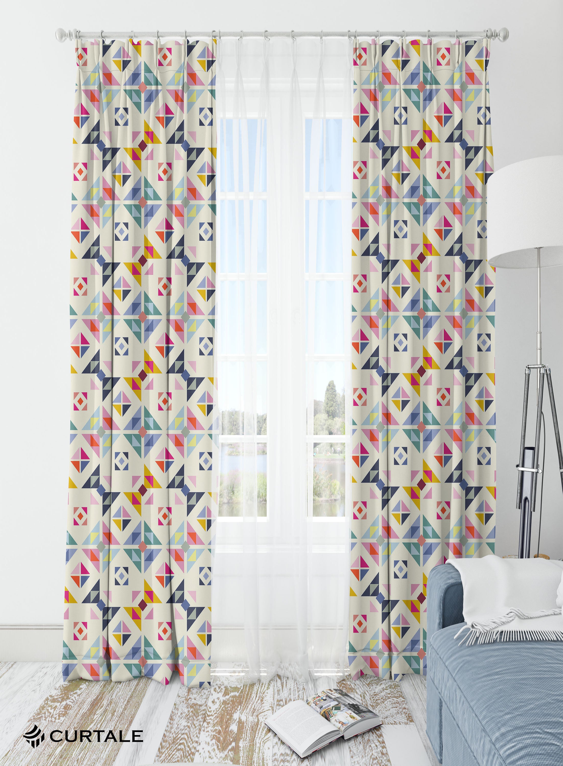 White Geometric Room Darkening Blackout Curtains - 1 Panel, Polyester