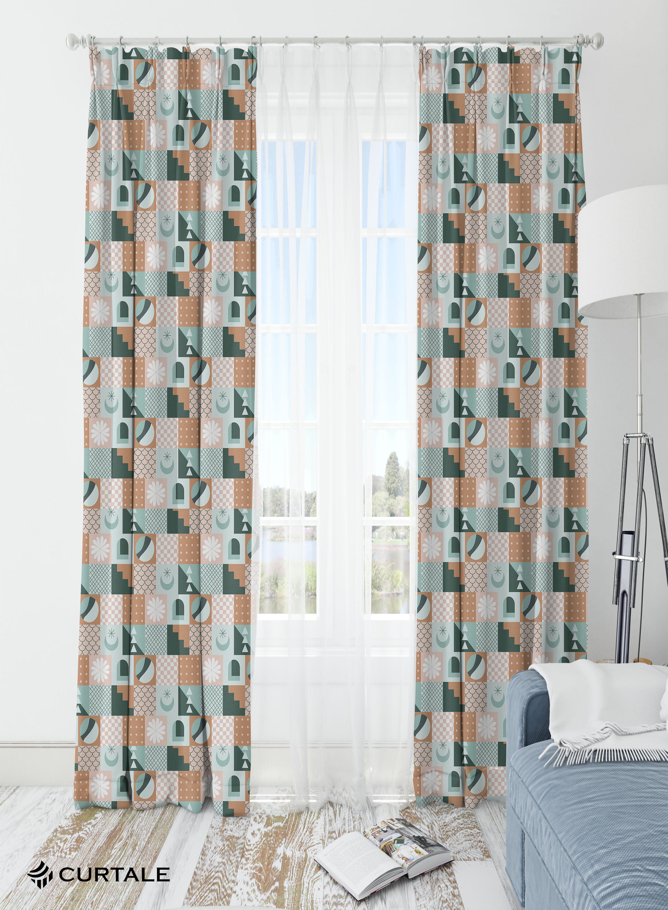 Beige and Blue Geometric Room Darkening Blackout Curtains - 1 Panel, Polyester