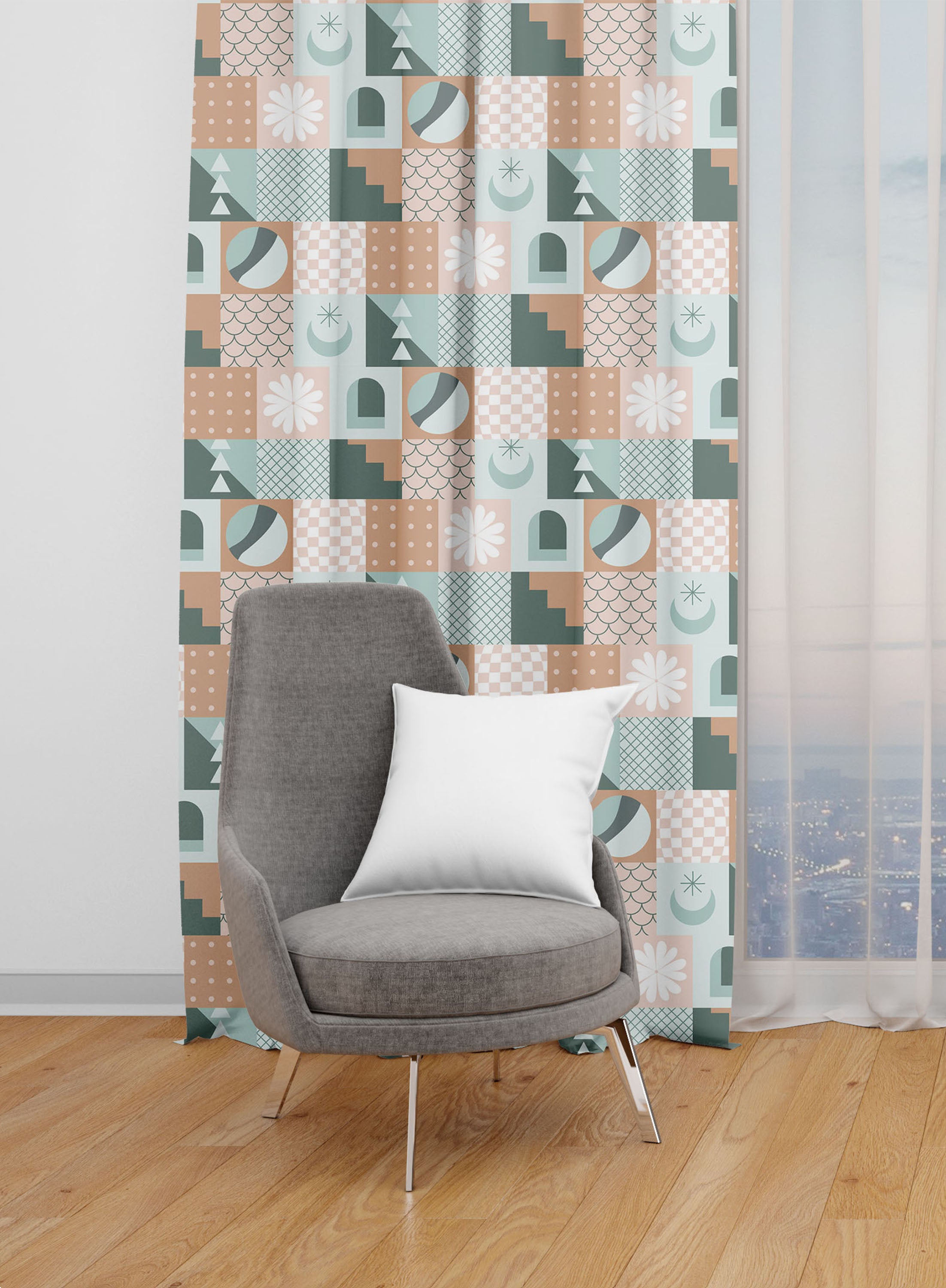 Beige and Blue Geometric Room Darkening Blackout Curtains - 1 Panel, Polyester