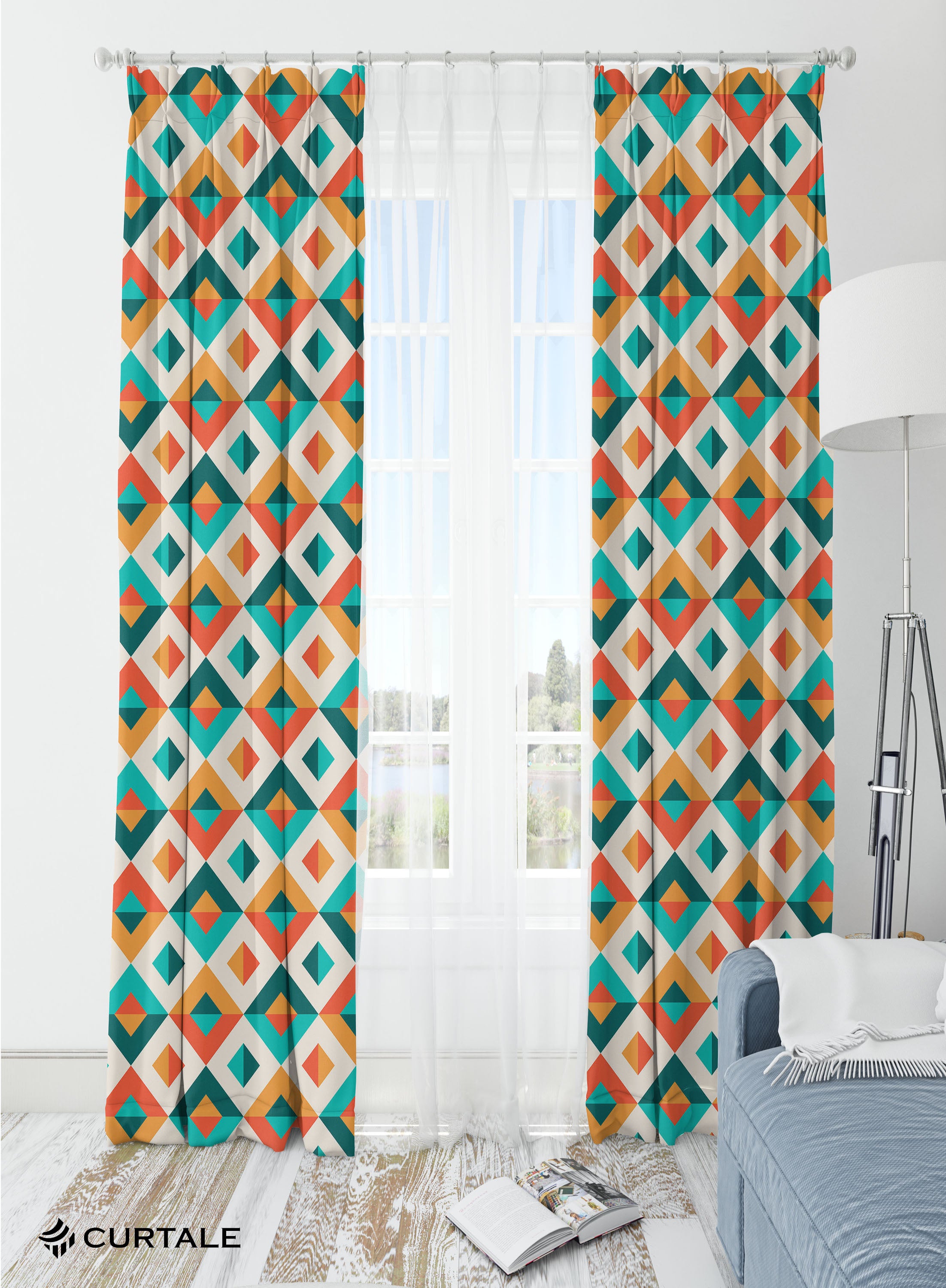 White and Orange Geometric Room Darkening Blackout Curtains - 1 Panel, Polyester