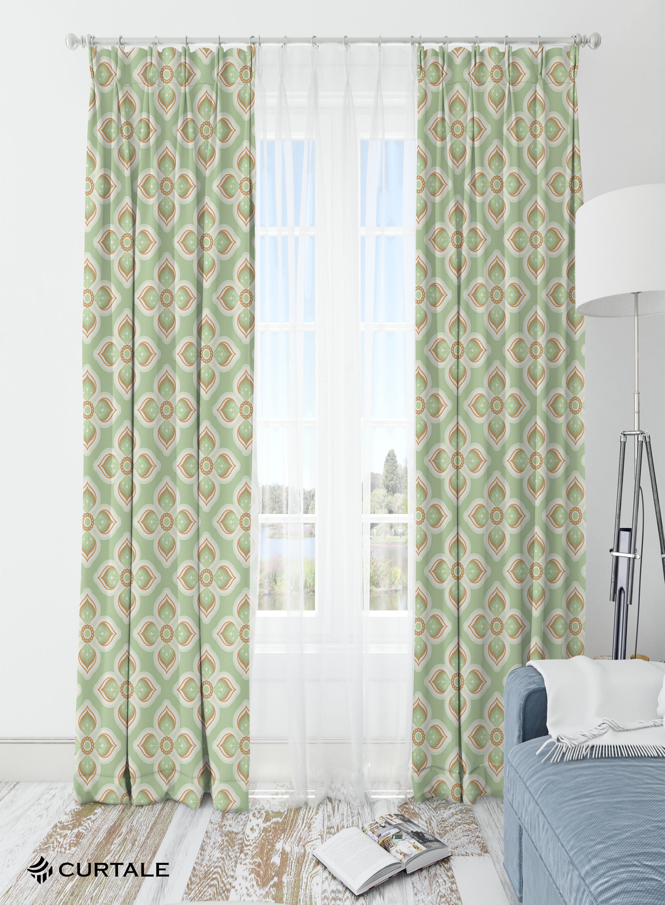 Pastel Green Geometric Room Darkening Blackout Curtains - 1 Panel, Polyester