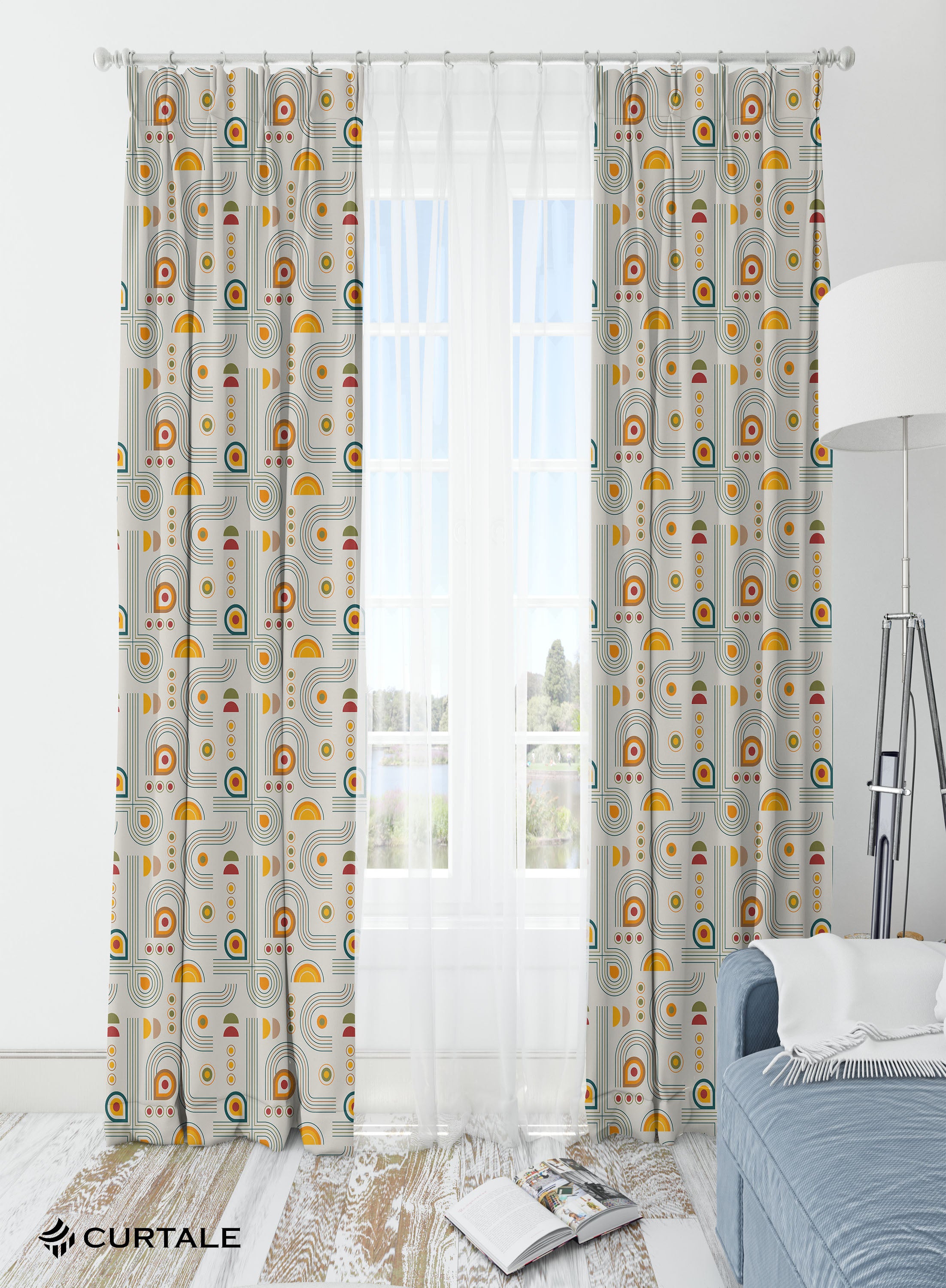 Beige Geometric Pattern Room Darkening Blackout Curtains - 1 Panel, Polyester