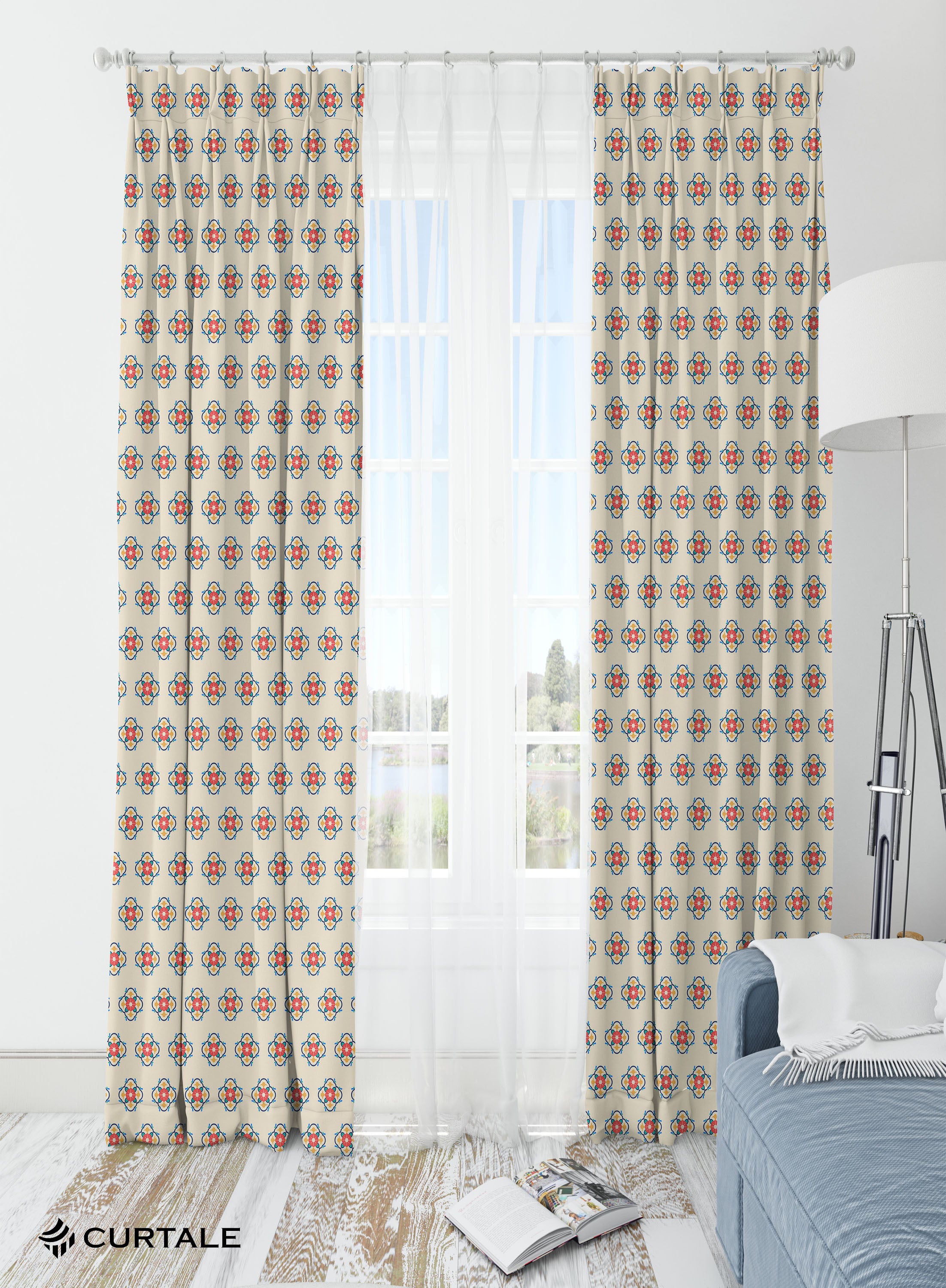 Beige Floral Geometric Room Darkening Blackout Curtains - 1 Panel, Polyester