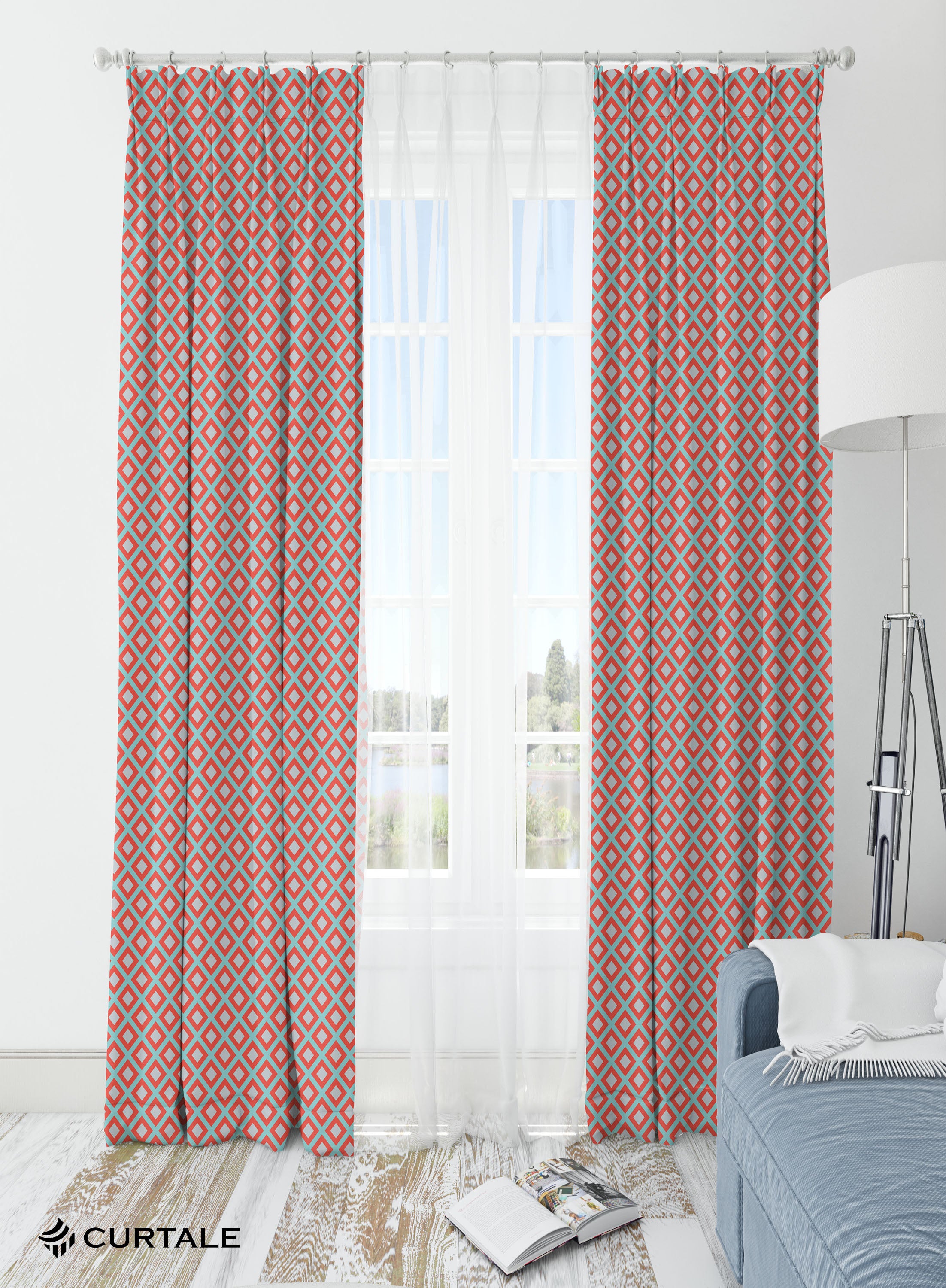 Blue and Red Geometric Room Darkening Blackout Curtains - 1 Panel, Polyester